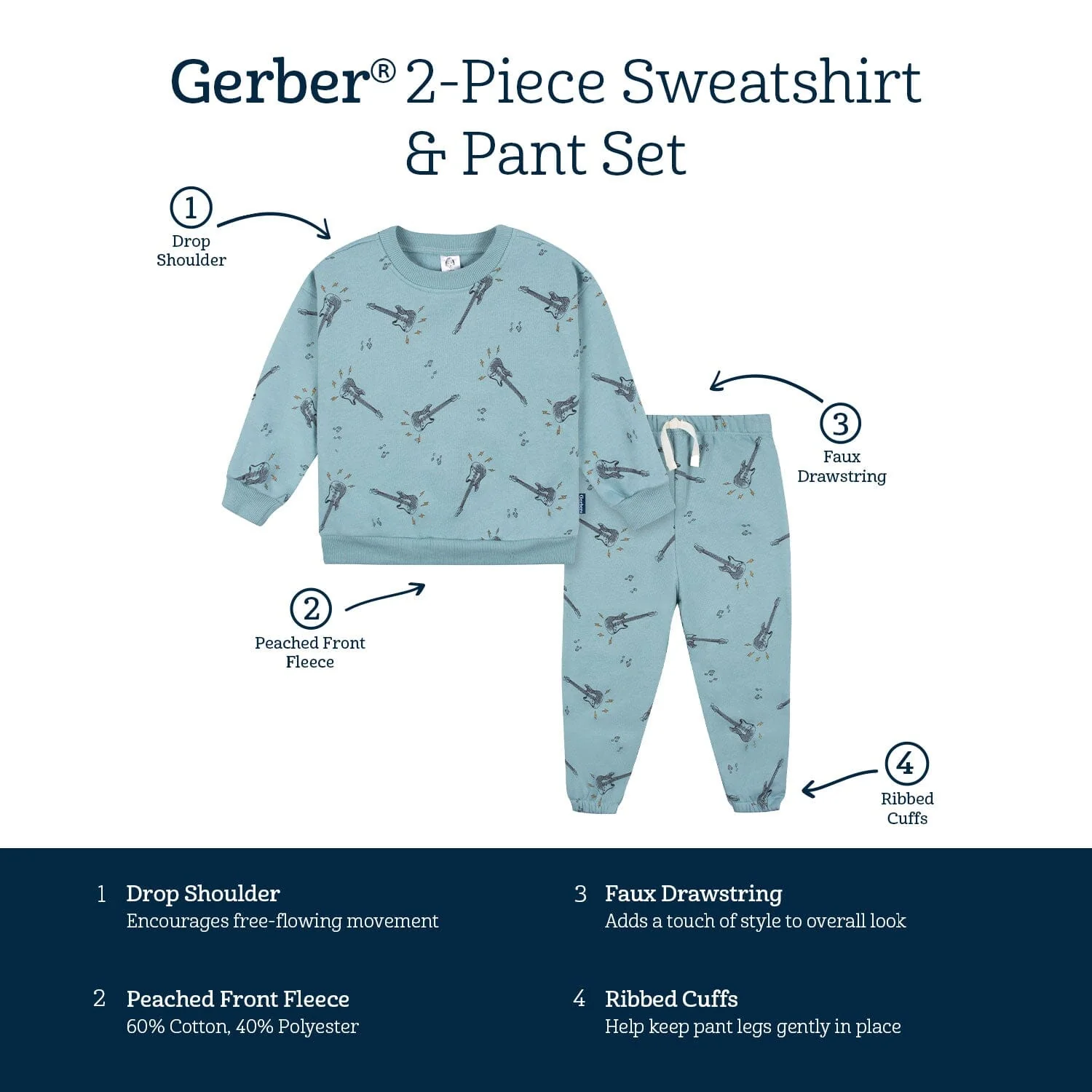 2-Piece Toddler Boys Teal Guitars Sweatshirt & Pant Set, 5T - Image 5