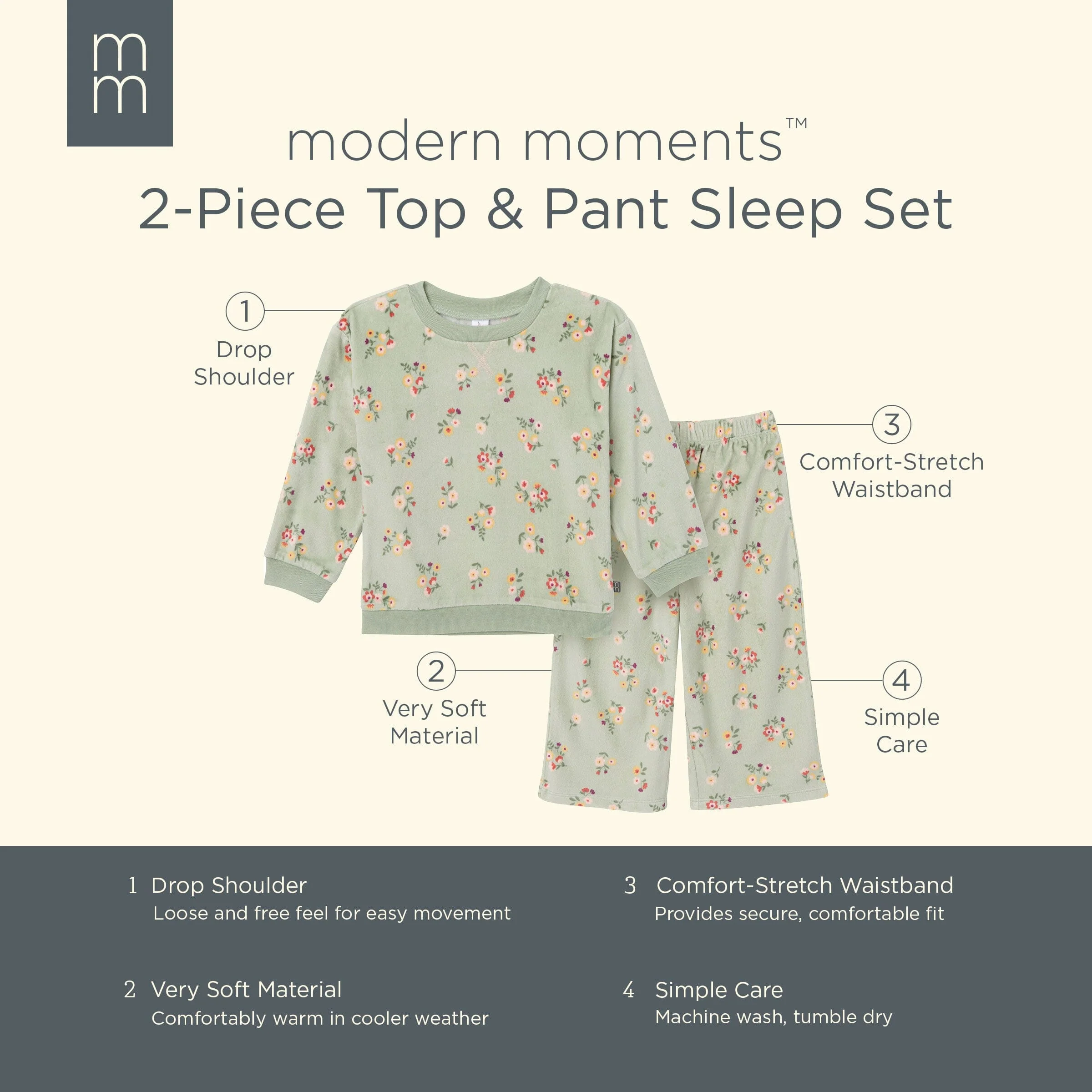 2-Piece Infant & Toddler Girls Green Flower Fleece Pajama Set - Image 7