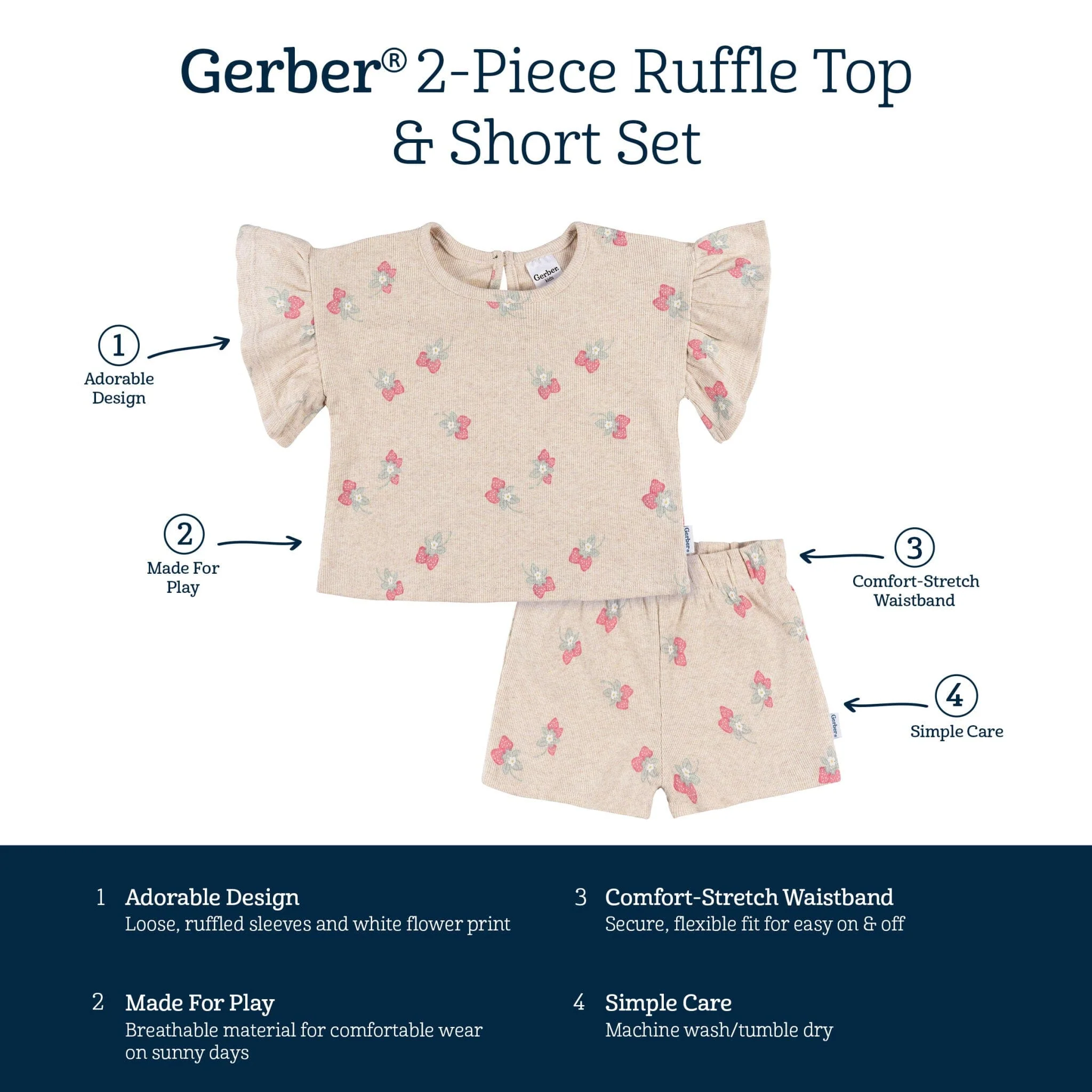 2-Piece Infant & Toddler Girls Heather Strawberry Shirt and Shorts Set - Image 5