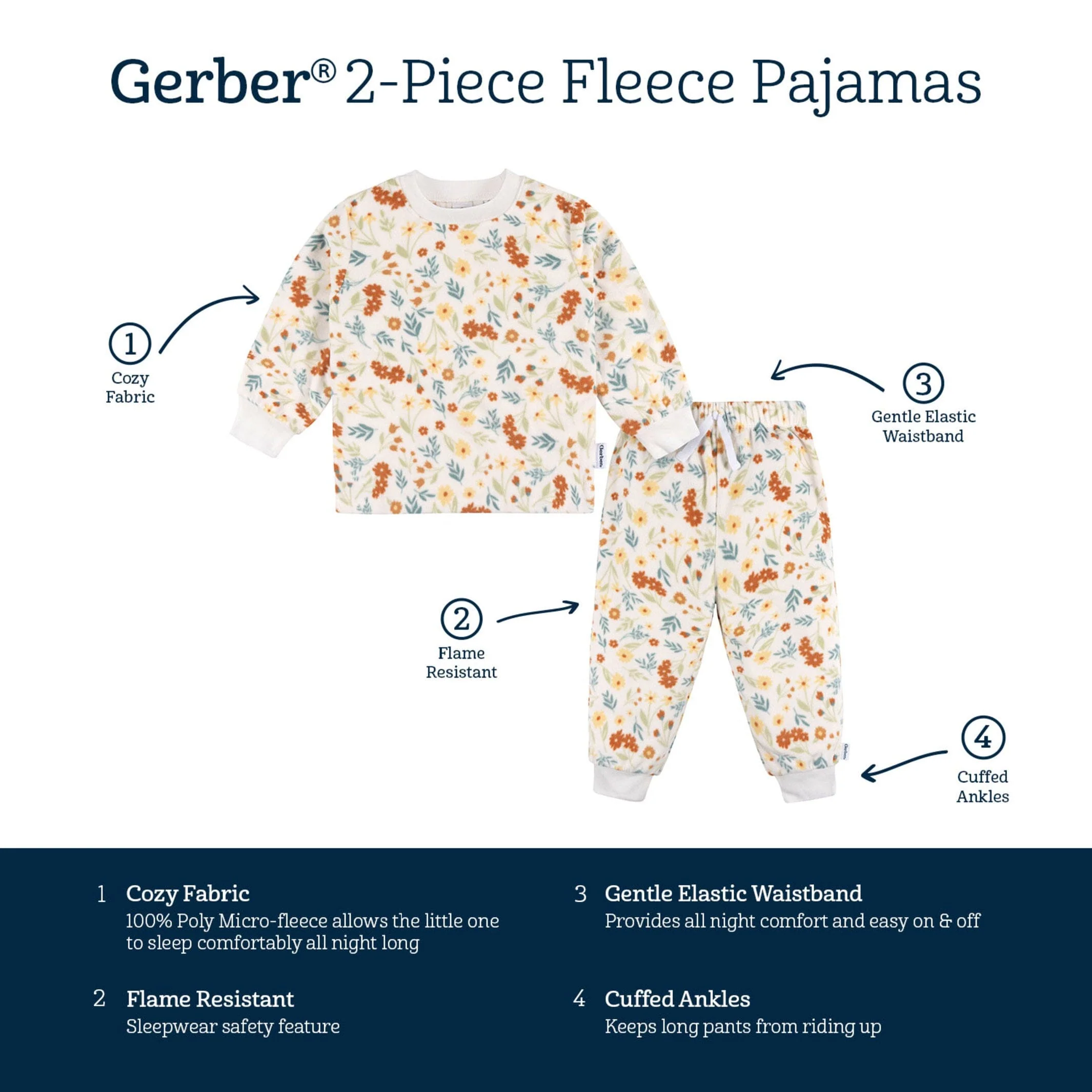 2-Piece Infant & Toddler Girls Ivory Floral Fleece Pajamas - Image 8