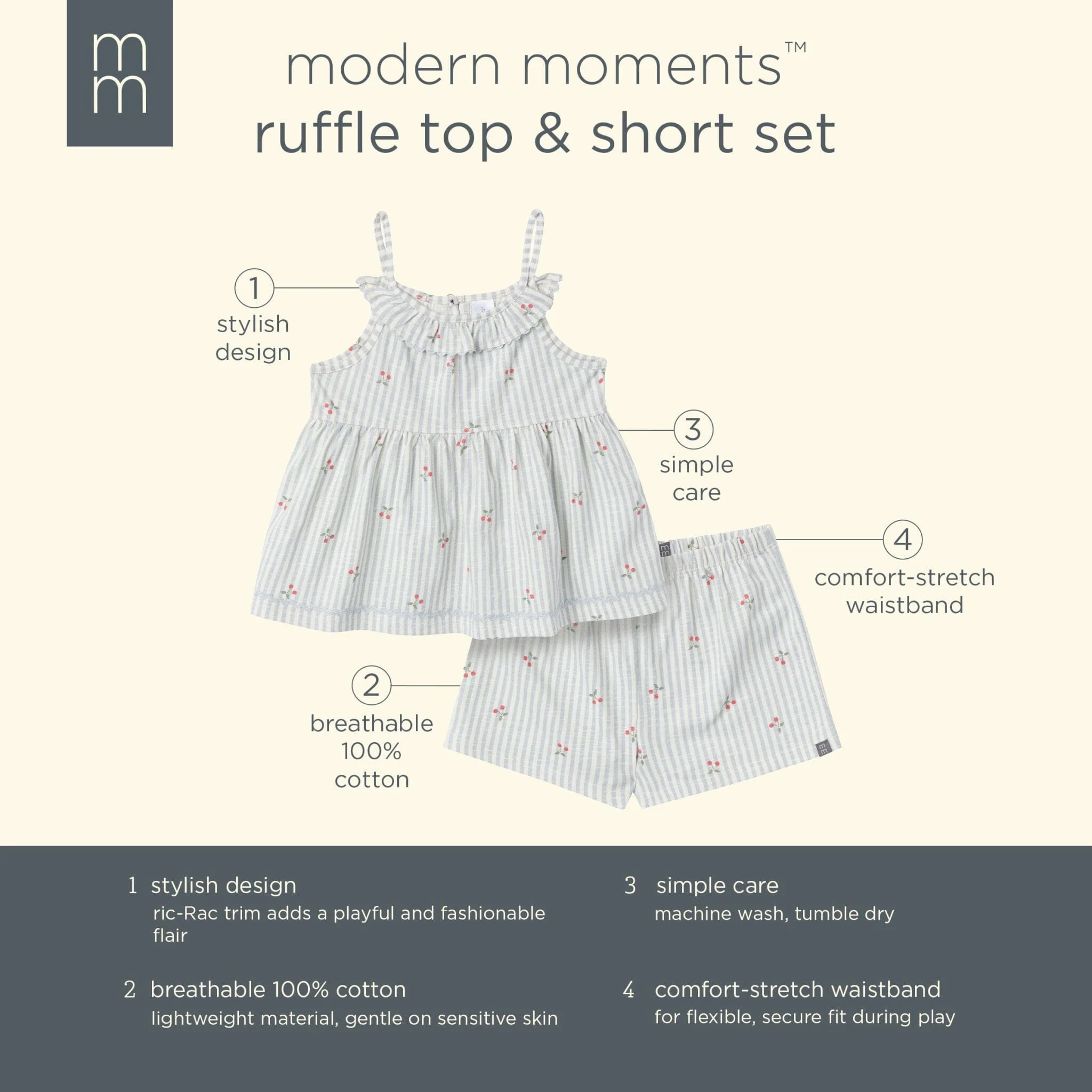2-Piece Infant & Toddler Girls Cherry Stripes Ruffle Top and Shorts Set - Image 6