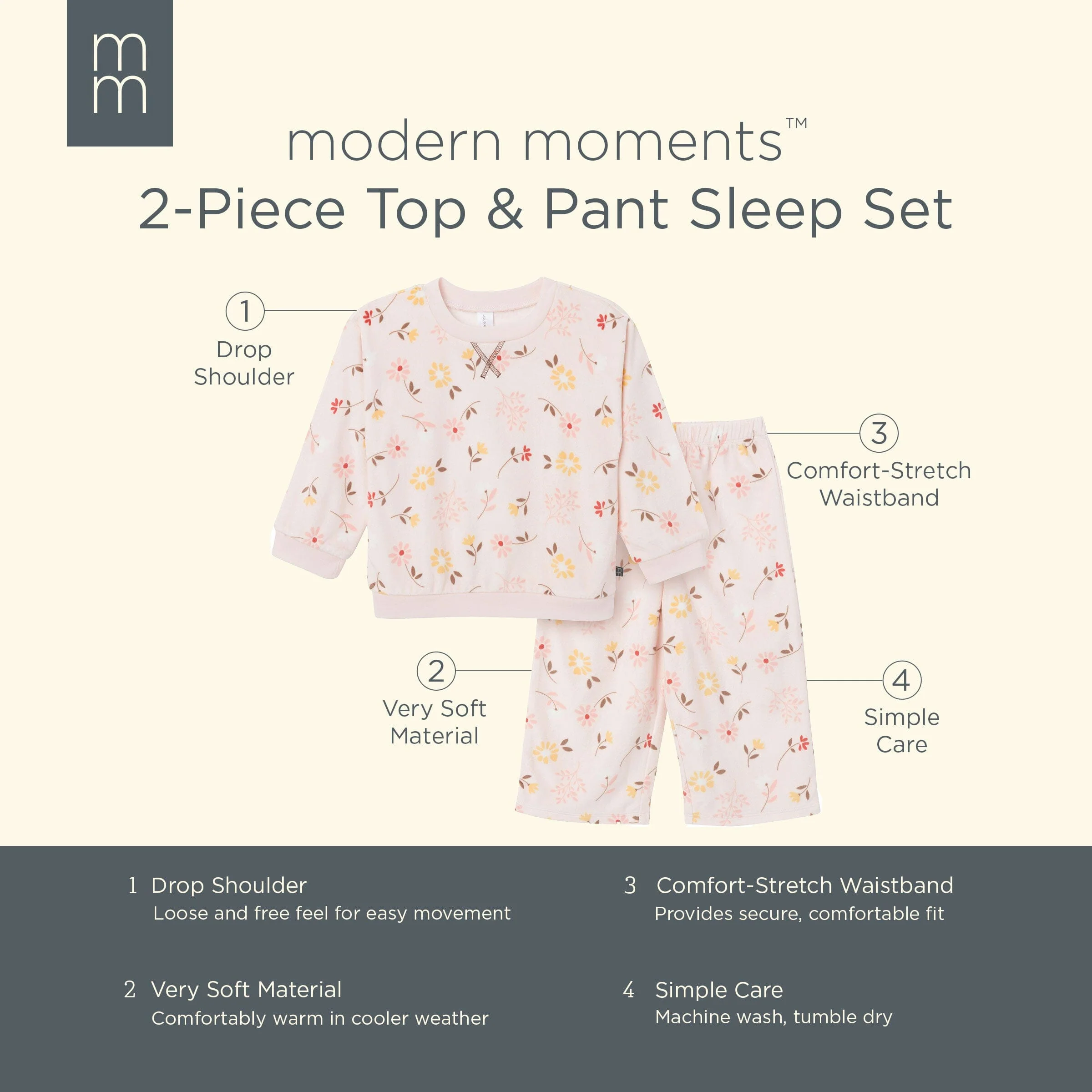 2-Piece Infant & Toddler Girls Light Pink Falling Flower Fleece Pajama Set - Image 9