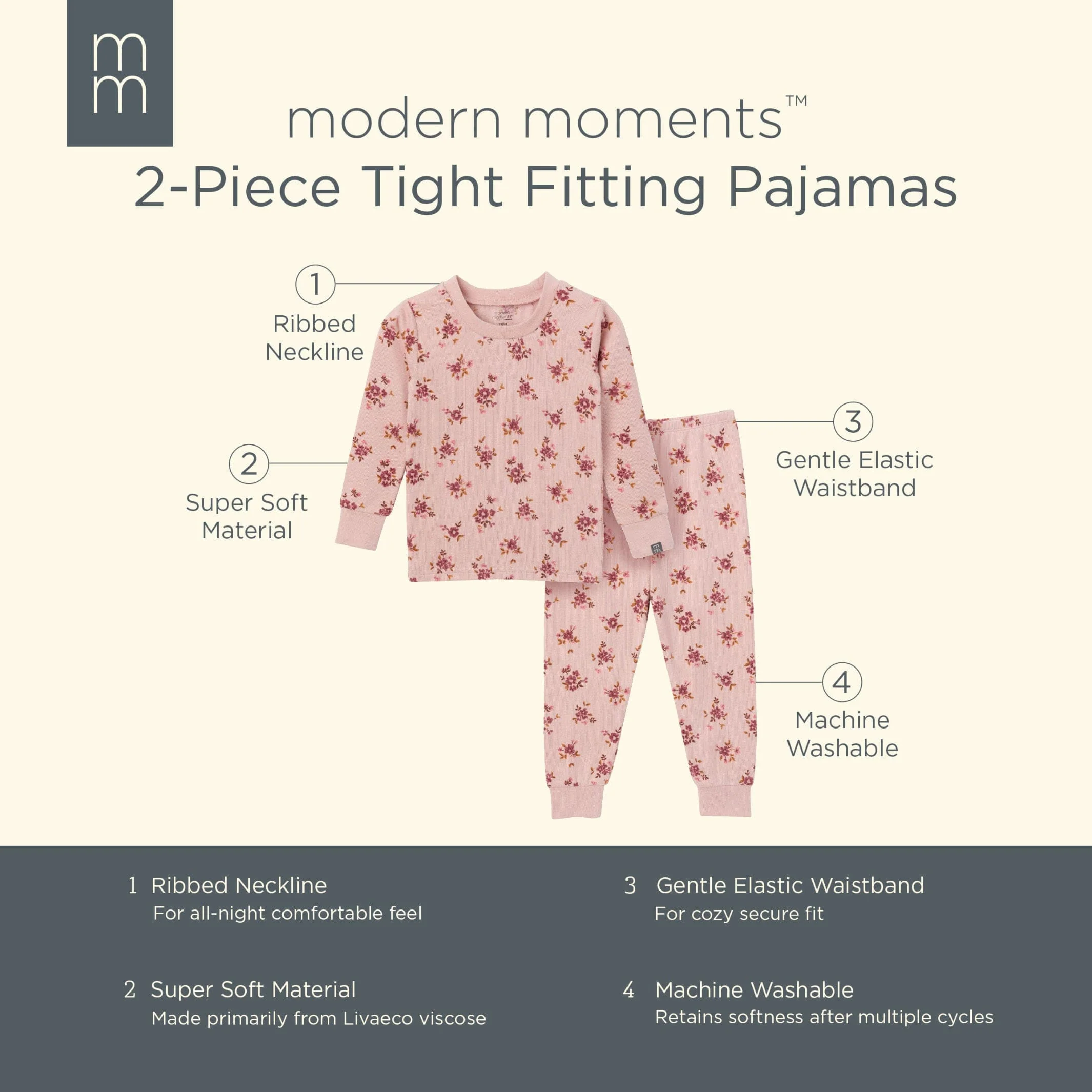 2-Piece Infant & Toddler Girls Light Rose Dahlia Toss Hacci Pajama Set - Image 8
