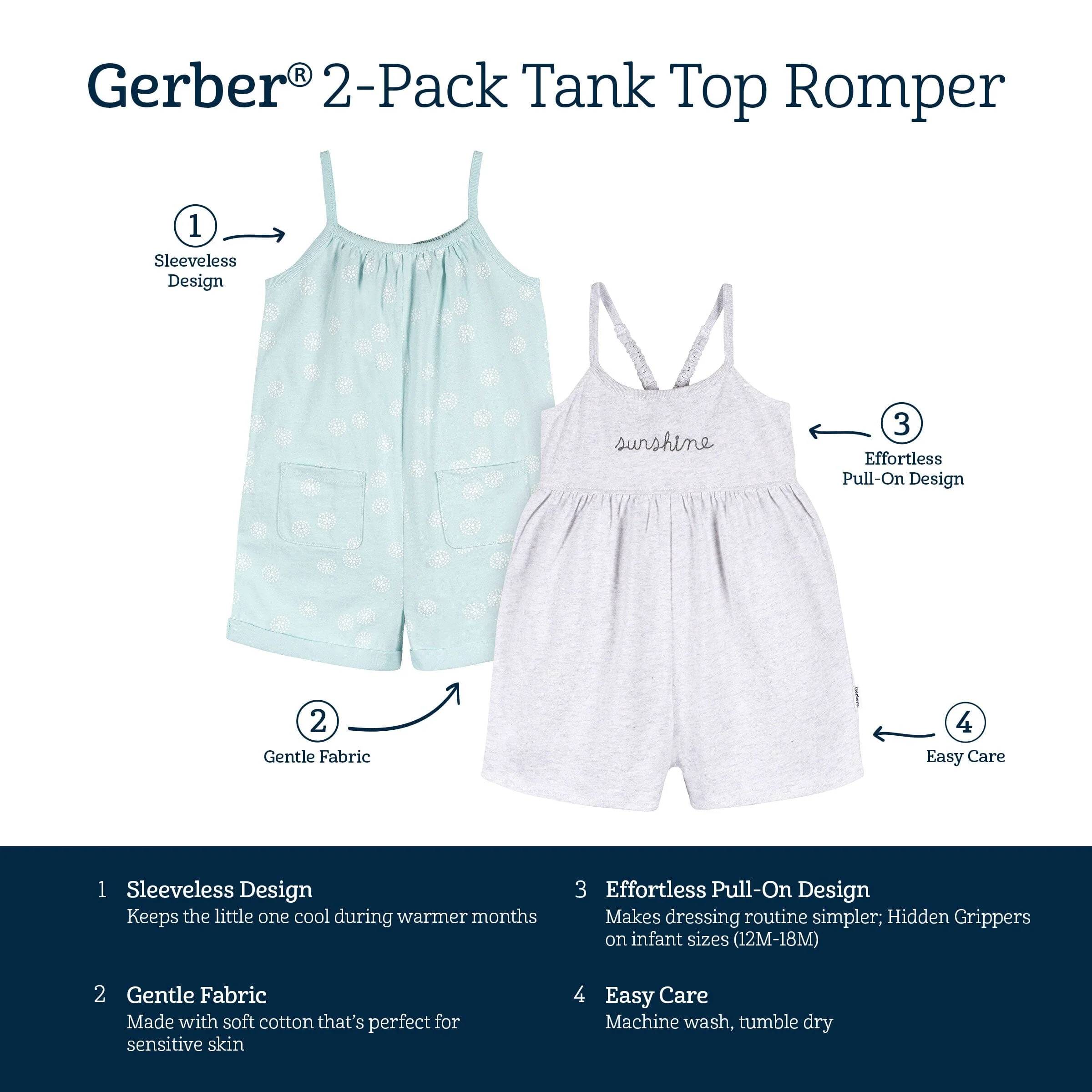 2-Pack Infant and Toddler Girls Light Grey Heather & Sand Dollars Rompers - Image 6
