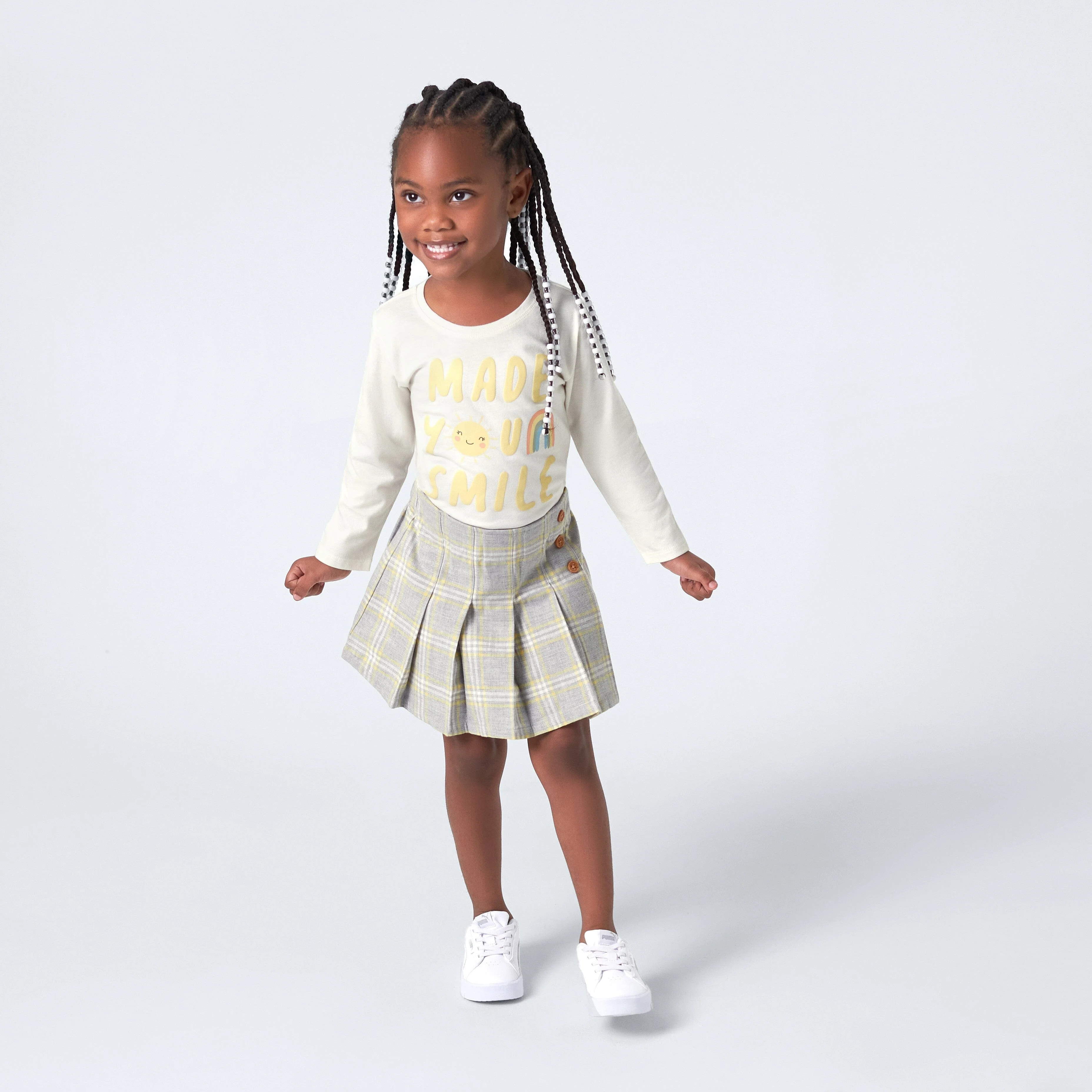 2-Piece Infant & Toddler Girls Mustard Plaid Tee & Skirt Set - Image 2