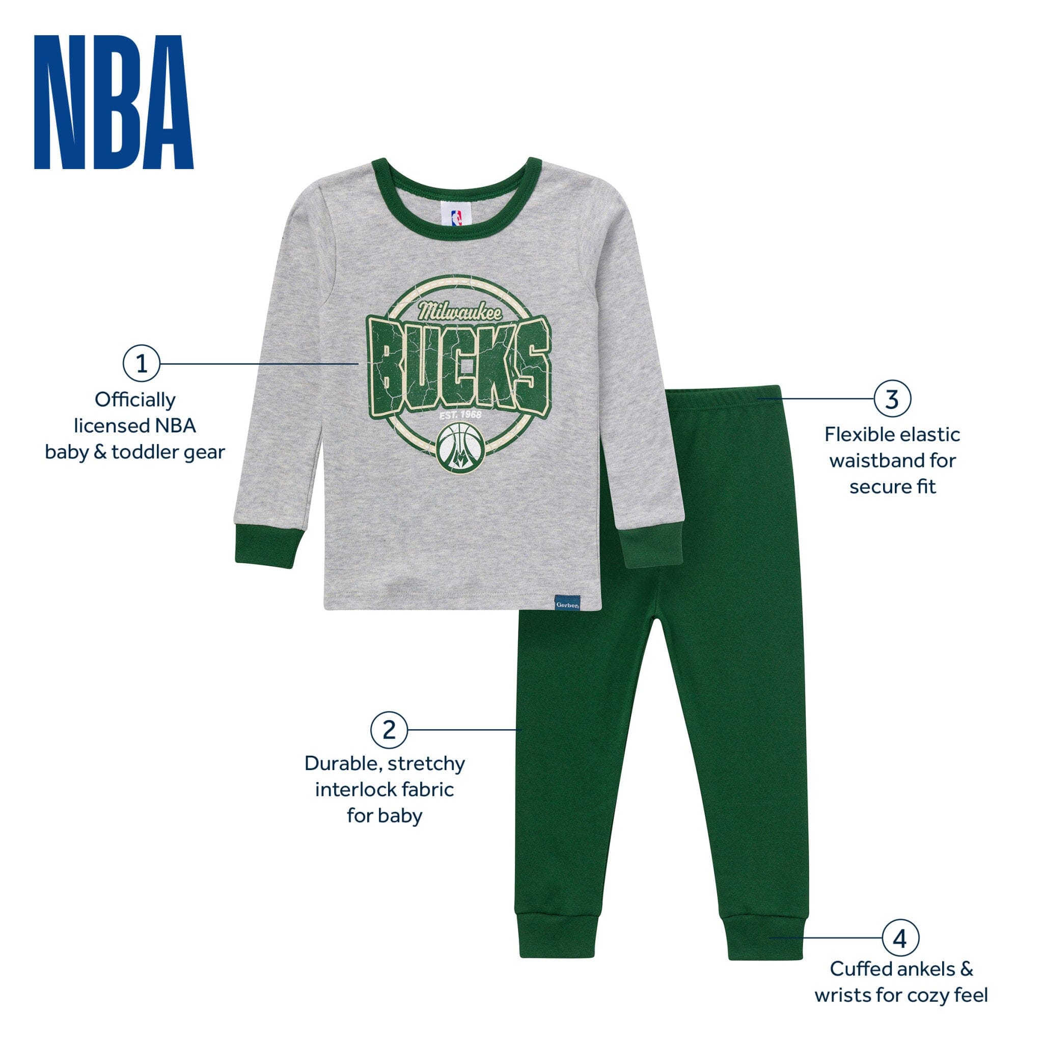 2-Piece Infant & Toddler Neutral Milwaukee Bucks Snug Fit Pajamas - Image 6