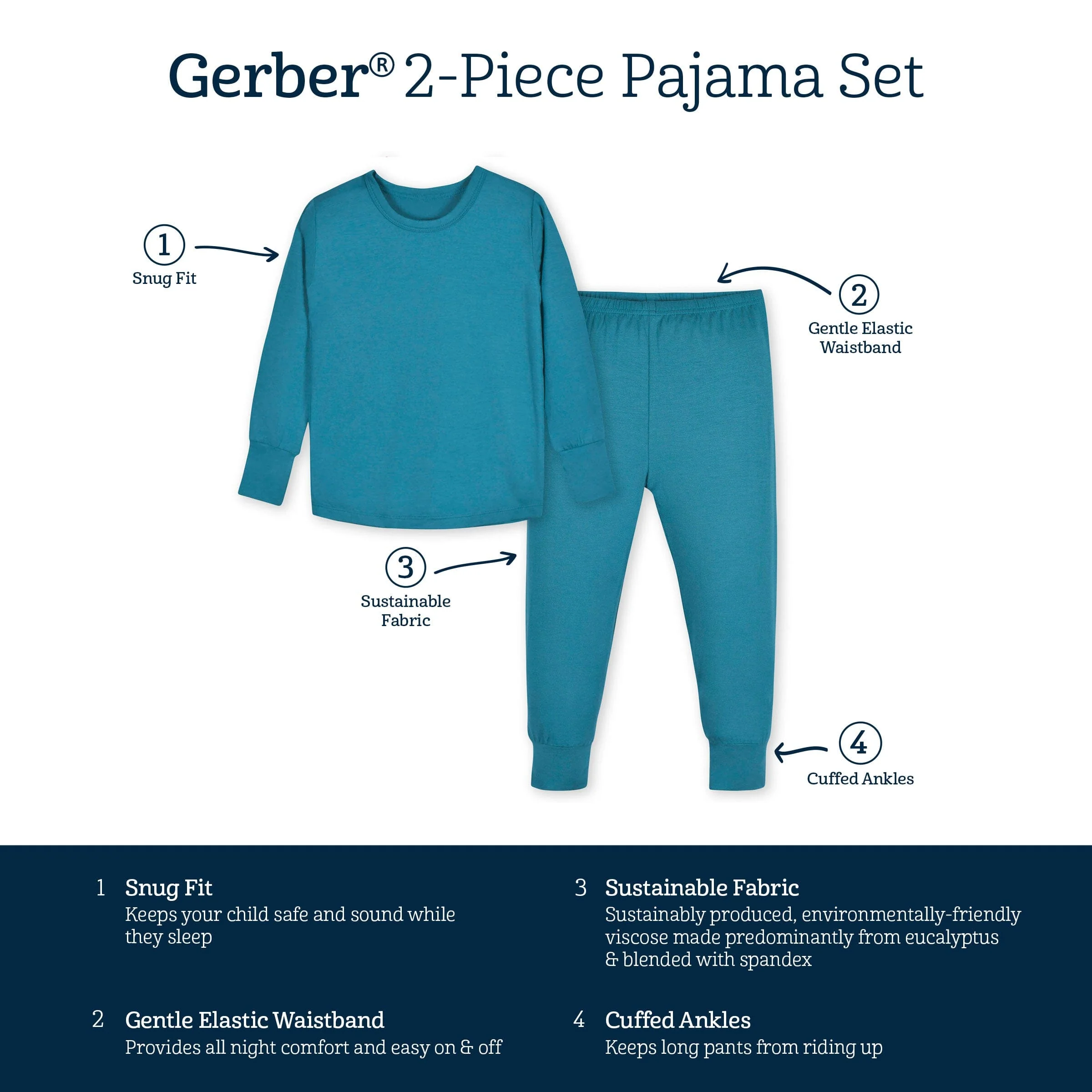 2-Piece Infant & Toddler Ocean Teal Buttery Soft Viscose Made from Eucalyptus Snug Fit Pajamas - Image 7