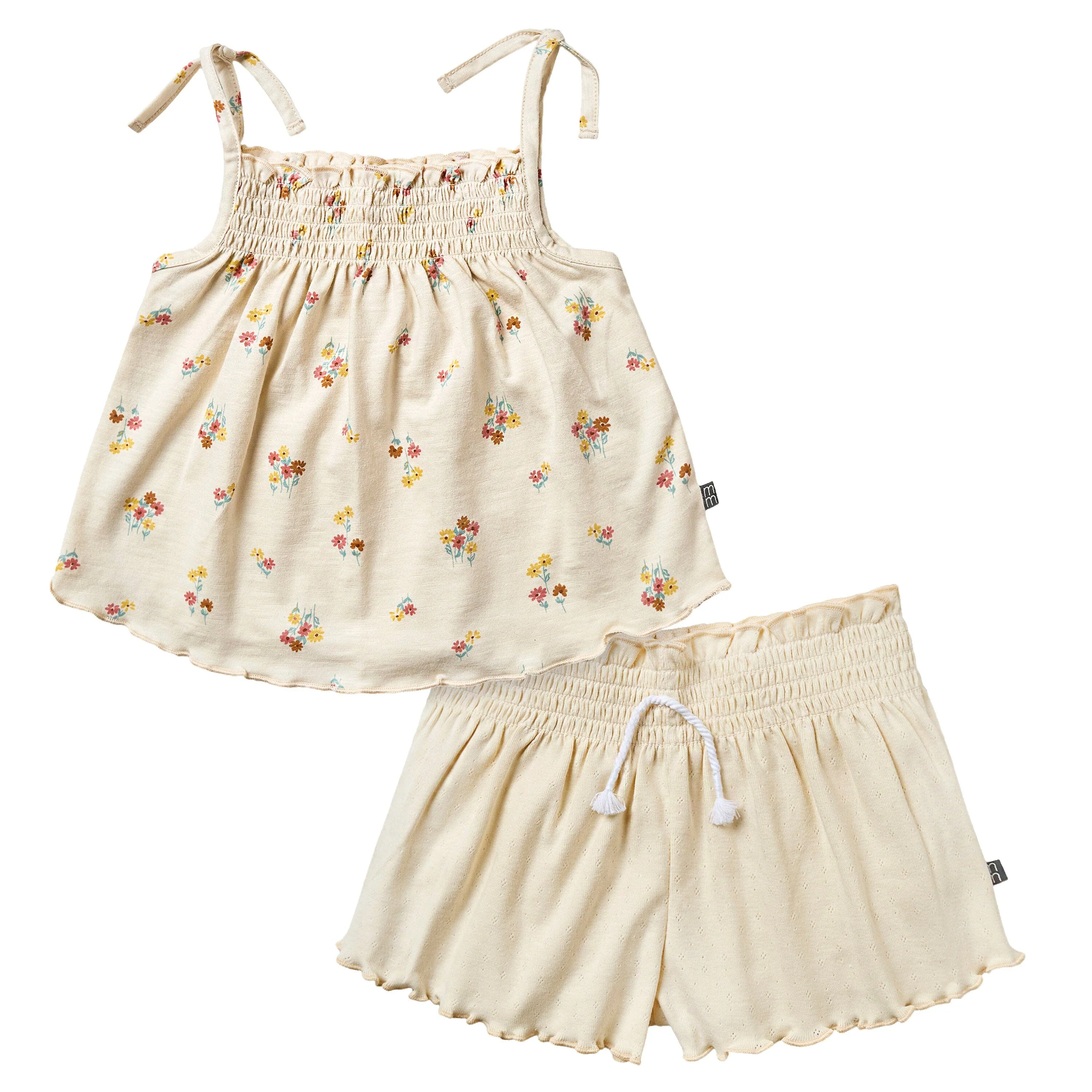 2-Piece Infant & Toddler Girls Beige Flowers Smocked Sleeveless Top & Wide Leg Shorts Set