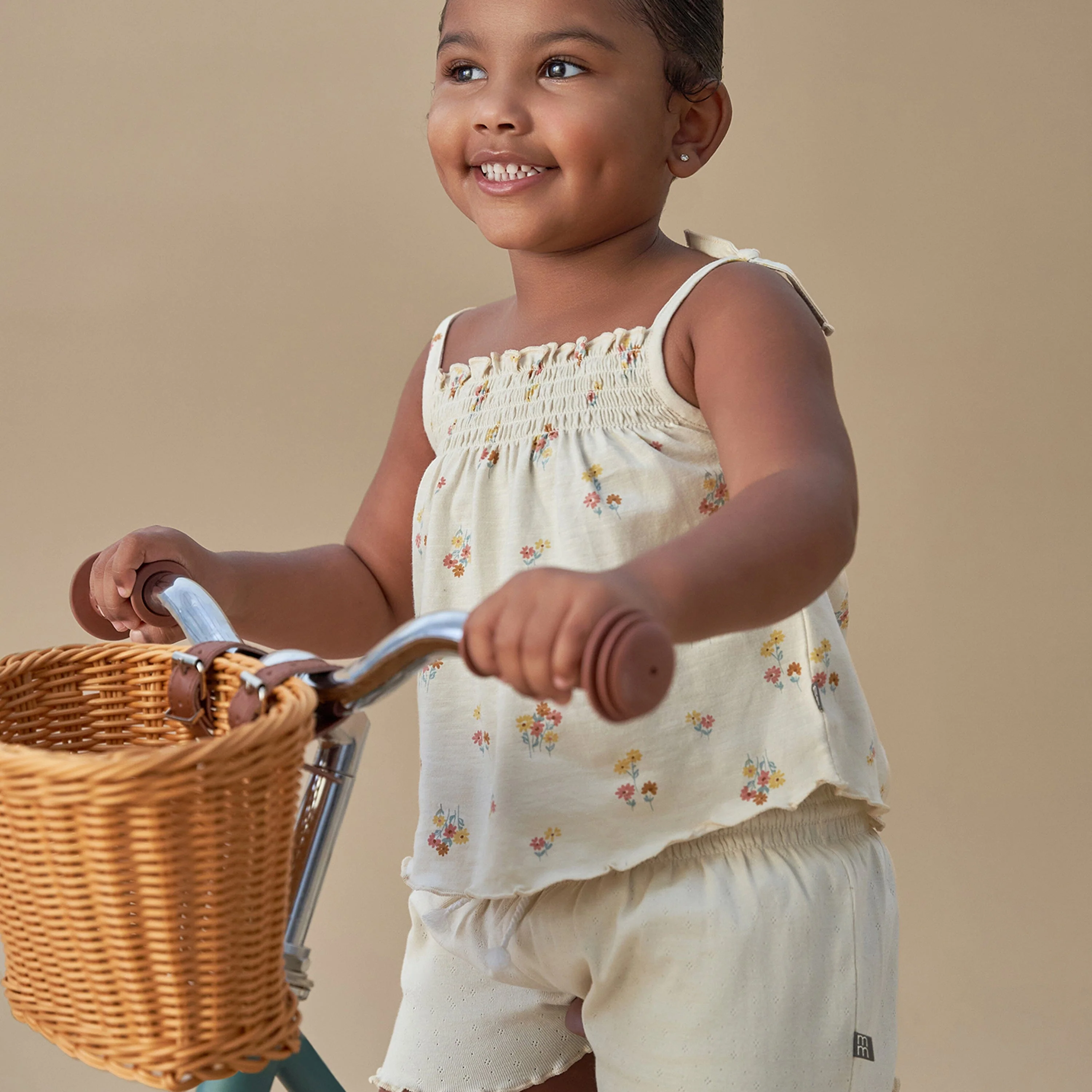 2-Piece Infant & Toddler Girls Beige Flowers Smocked Sleeveless Top & Wide Leg Shorts Set - Image 2
