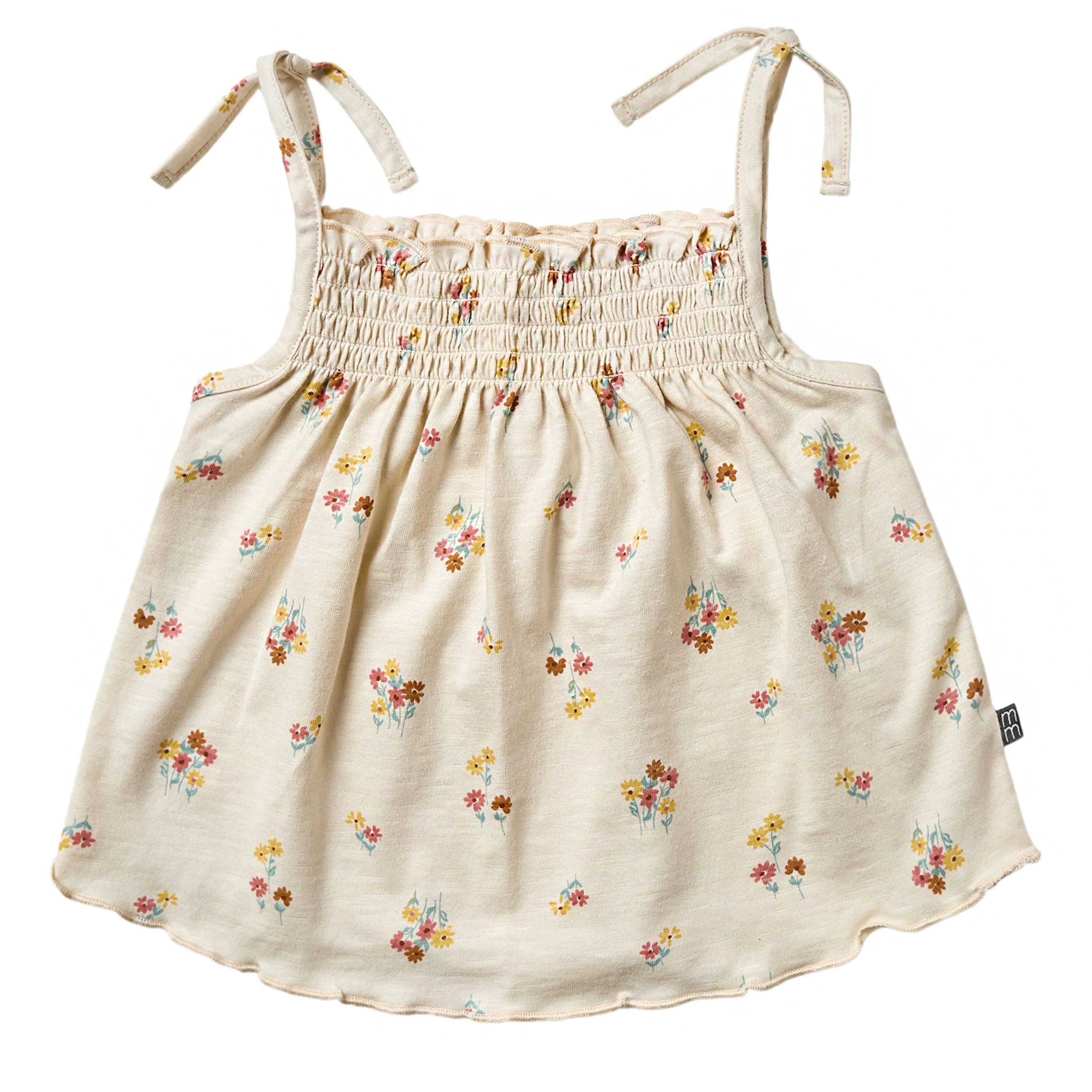 2-Piece Infant & Toddler Girls Beige Flowers Smocked Sleeveless Top & Wide Leg Shorts Set - Image 5