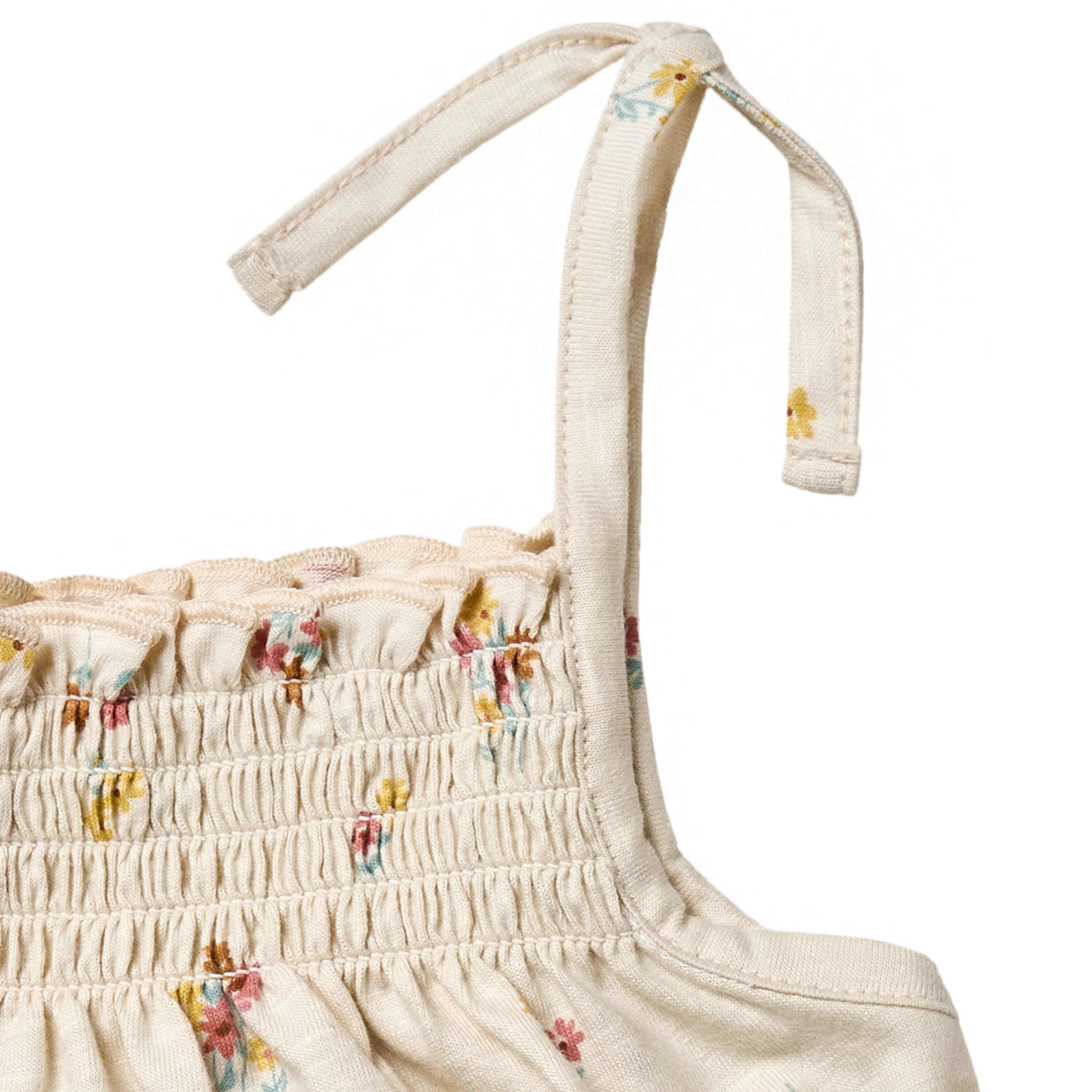 2-Piece Infant & Toddler Girls Beige Flowers Smocked Sleeveless Top & Wide Leg Shorts Set - Image 6