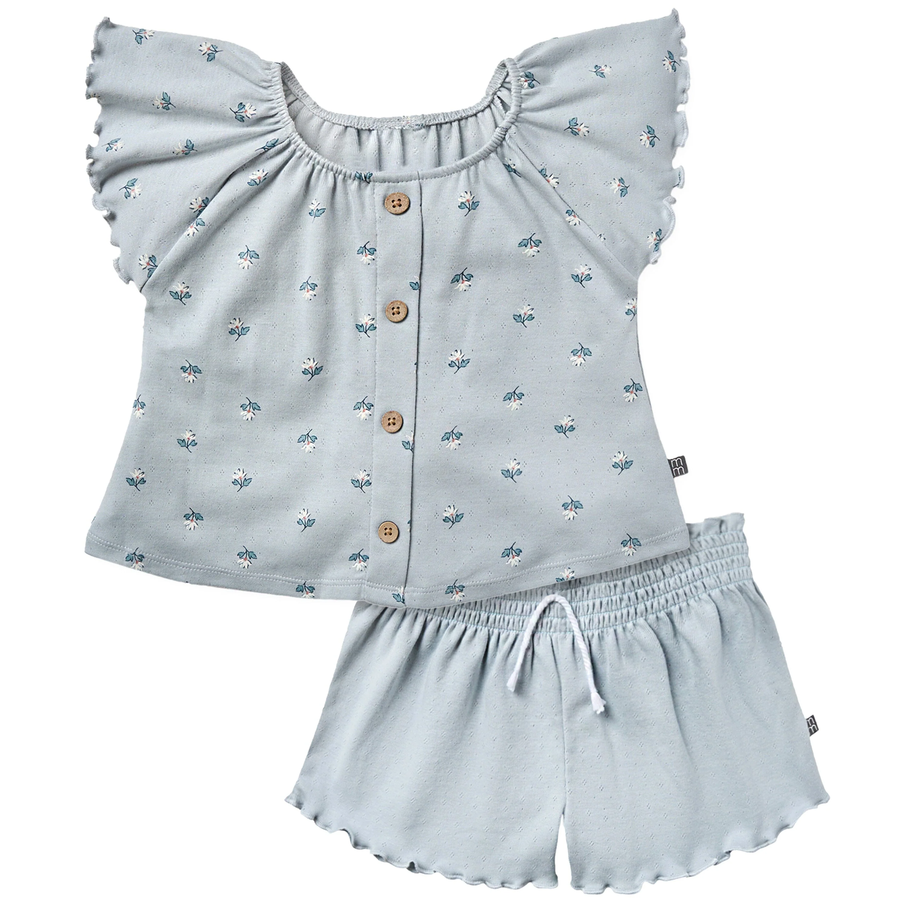 2-Piece Infant & Toddler Girls Light Blue Daisy Ruffled Sleeve Top & Smocked Wide Leg Shorts Set