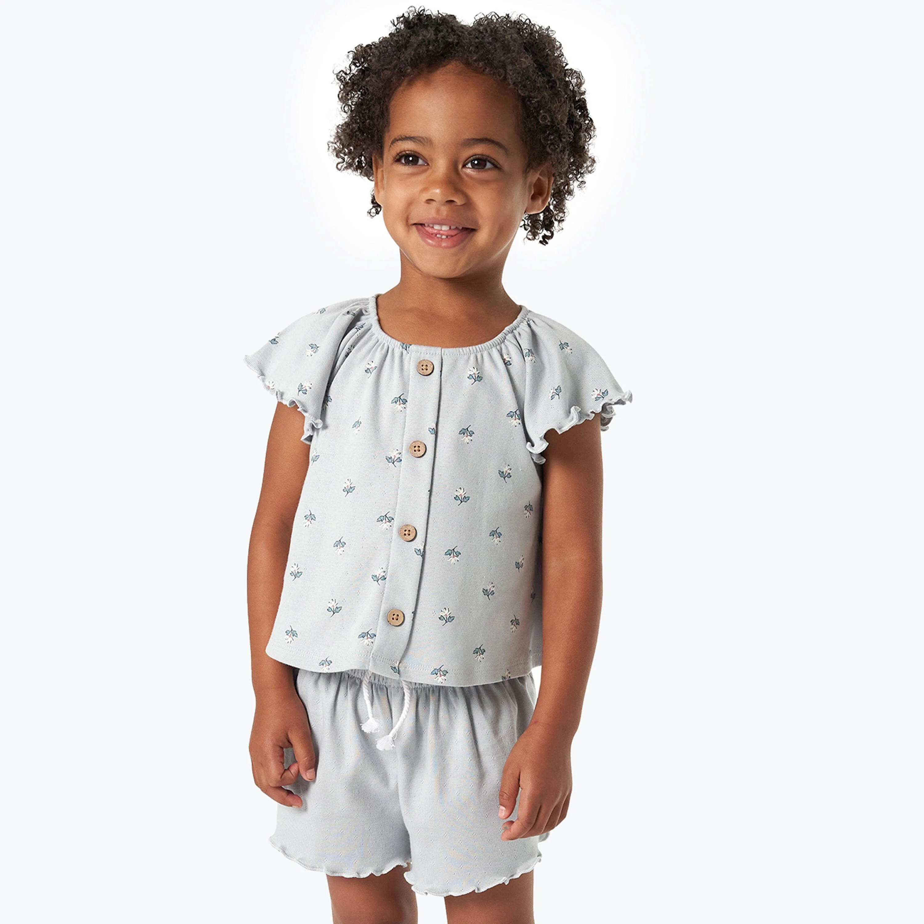 2-Piece Infant & Toddler Girls Light Blue Daisy Ruffled Sleeve Top & Smocked Wide Leg Shorts Set - Image 2