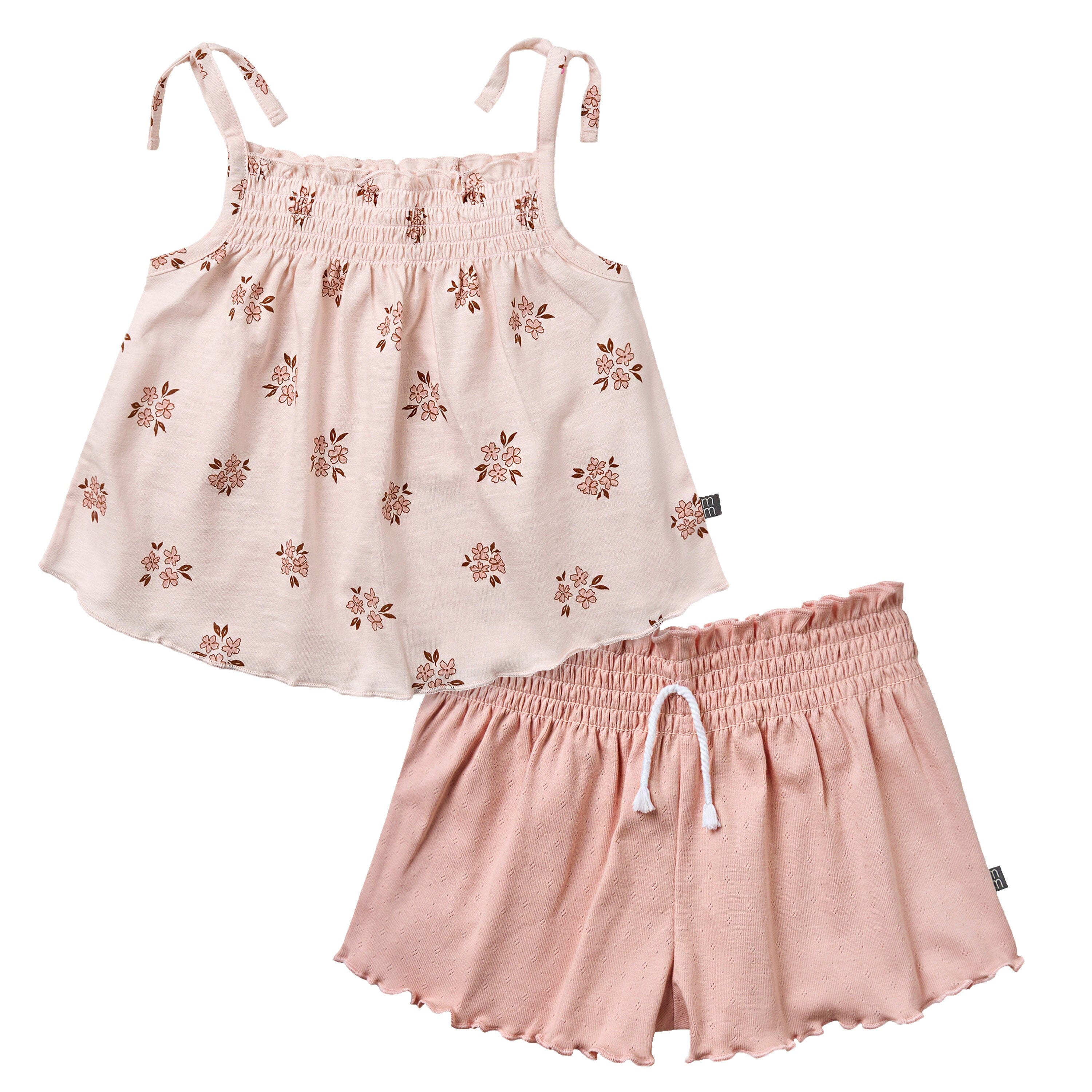 2-Piece Infant & Toddler Girls Rose Floral Smocked Sleeveless Top & Wide Leg Shorts Set