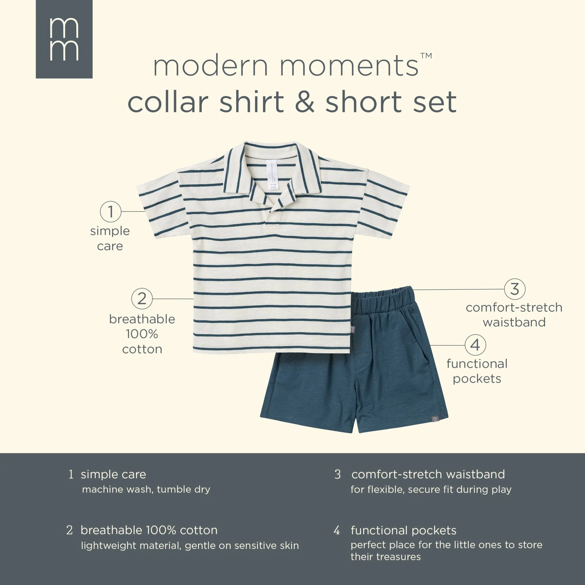 2-Piece Toddler Boys Ivory Stripe Johnny Collar Shirt and Shorts Set - Image 7