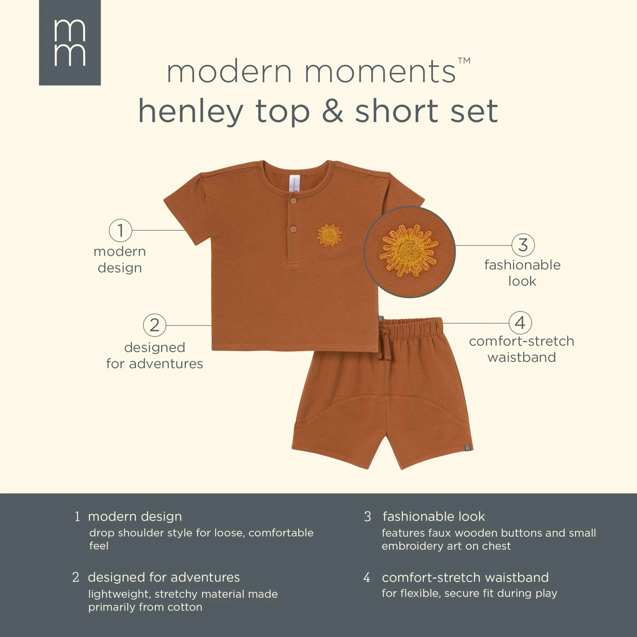 2-Piece Toddler Boys Medium Brown Henley Shirt and Shorts Set - Image 11