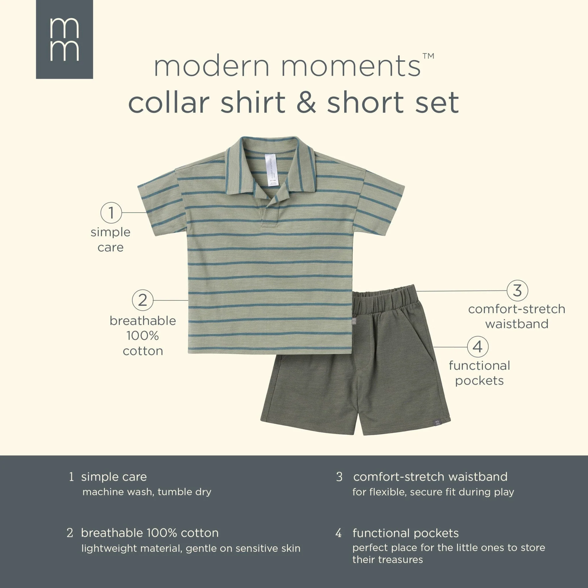 2-Piece Toddler Boys Green Stripe Johnny Collar Shirt and Shorts Set - Image 6
