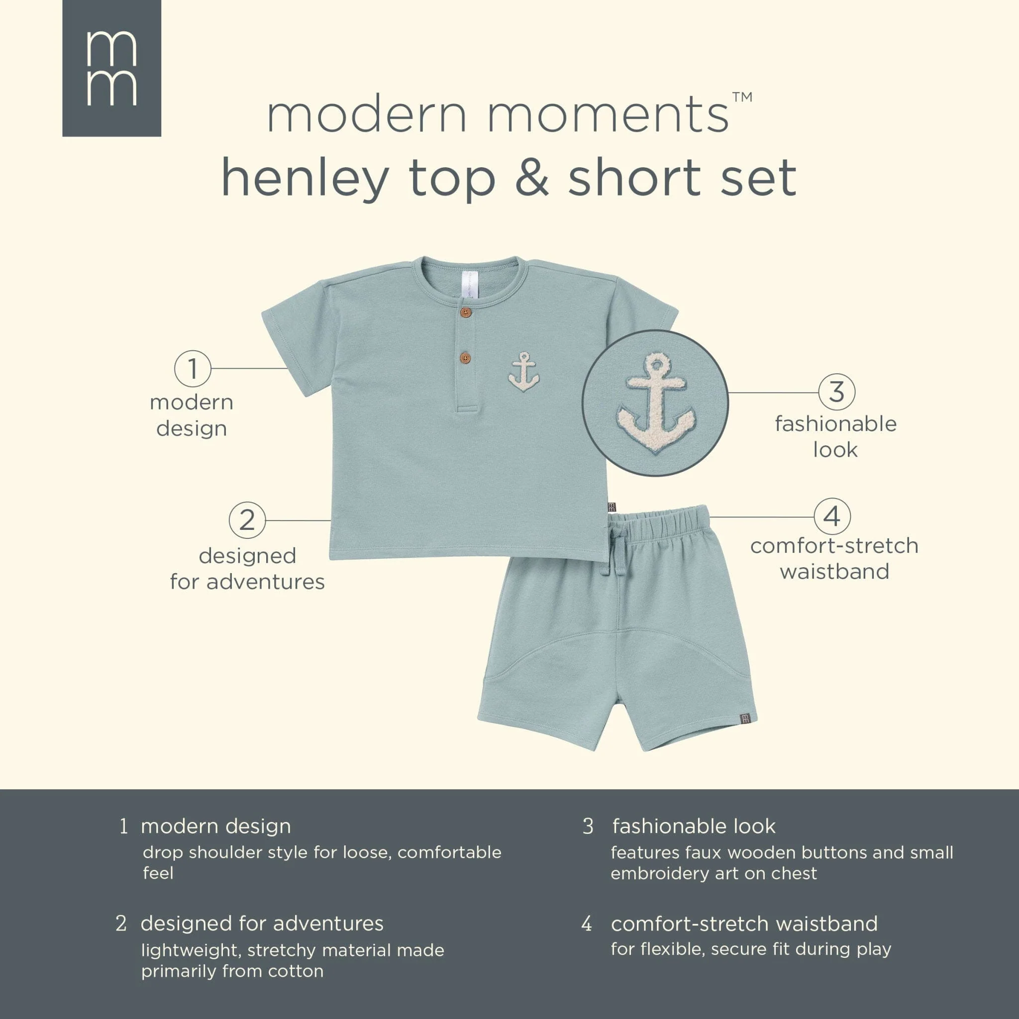 2-Piece Toddler Boys Medium Teal Henley Shirt and Shorts Set - Image 8