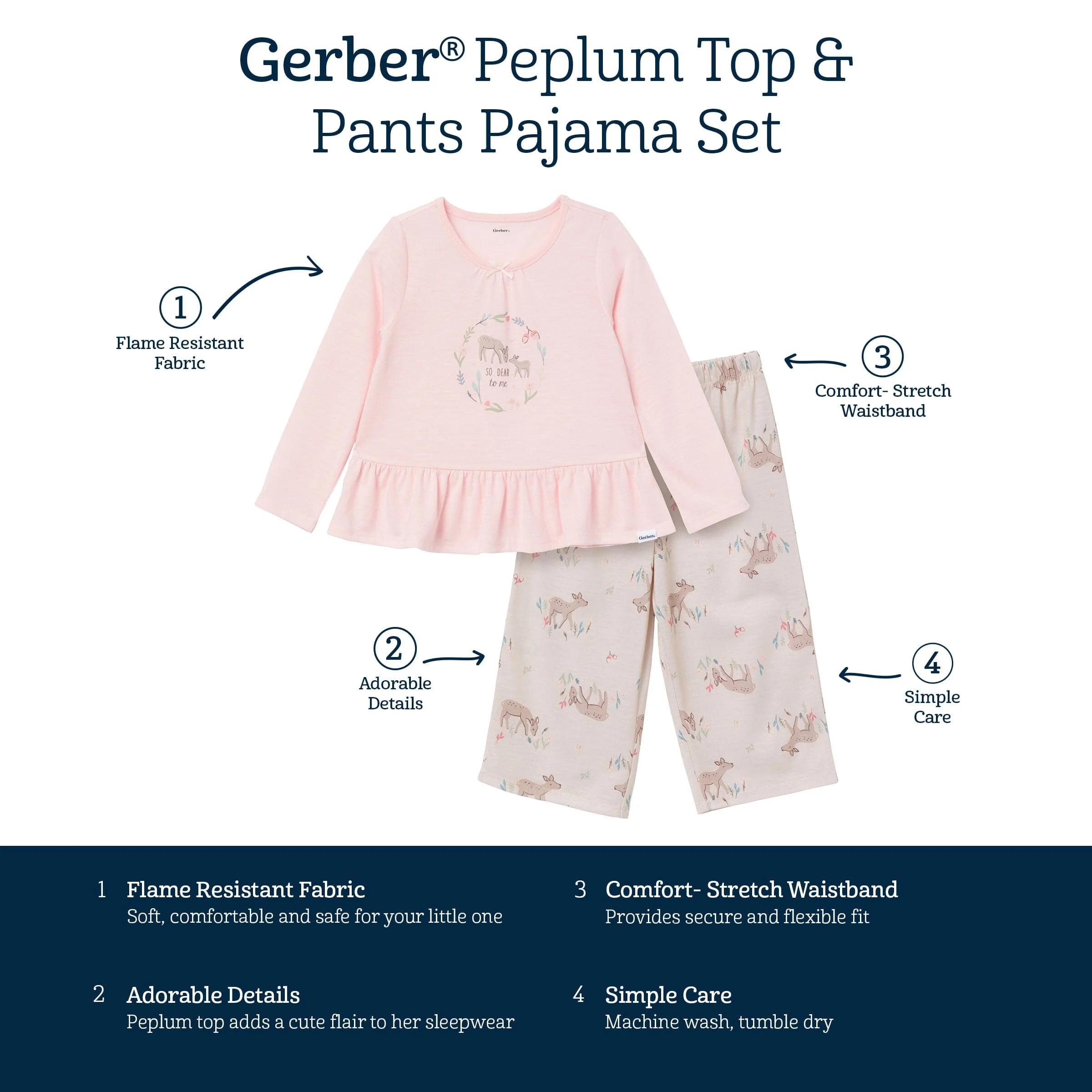 2-Piece Toddler Girls Deer Peplum Pajama Set - Image 6