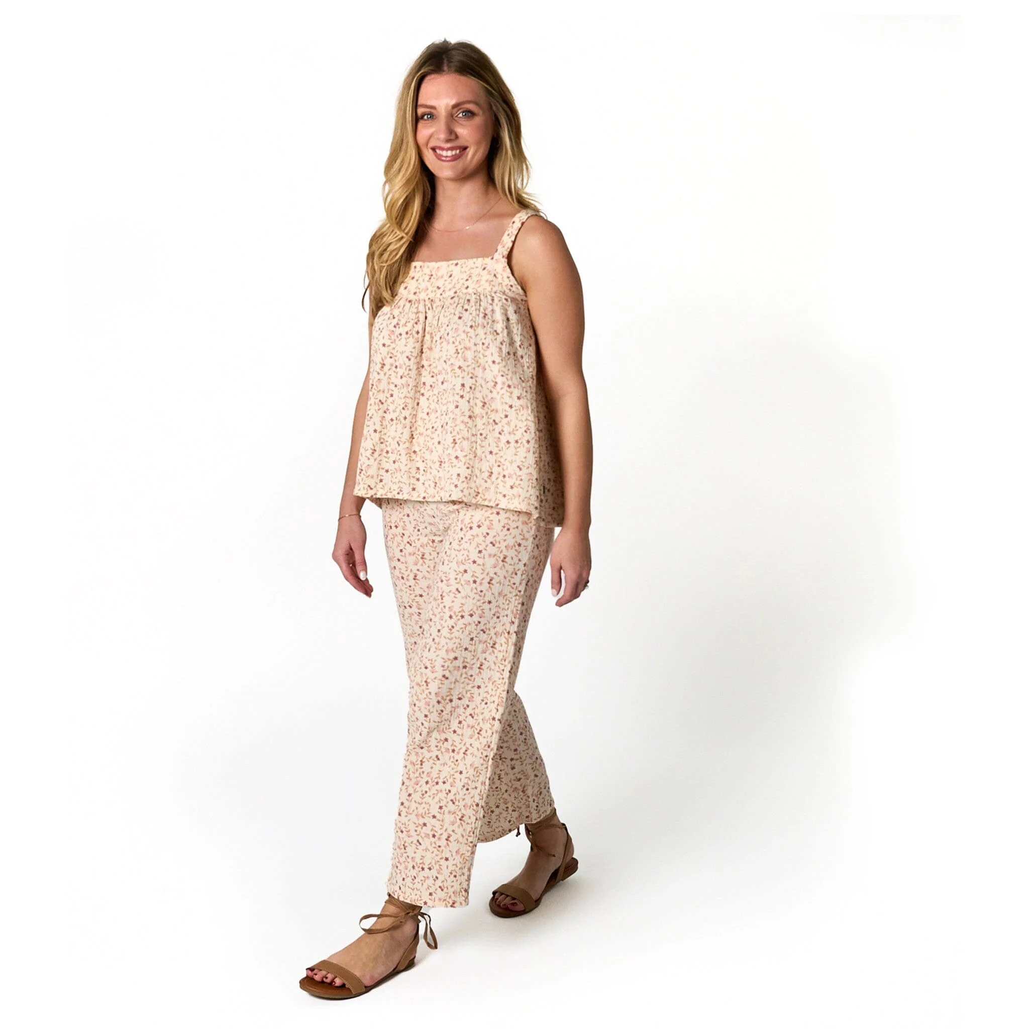 2-Piece Womens Beige Vine Floral Cropped Pants Set - Image 3