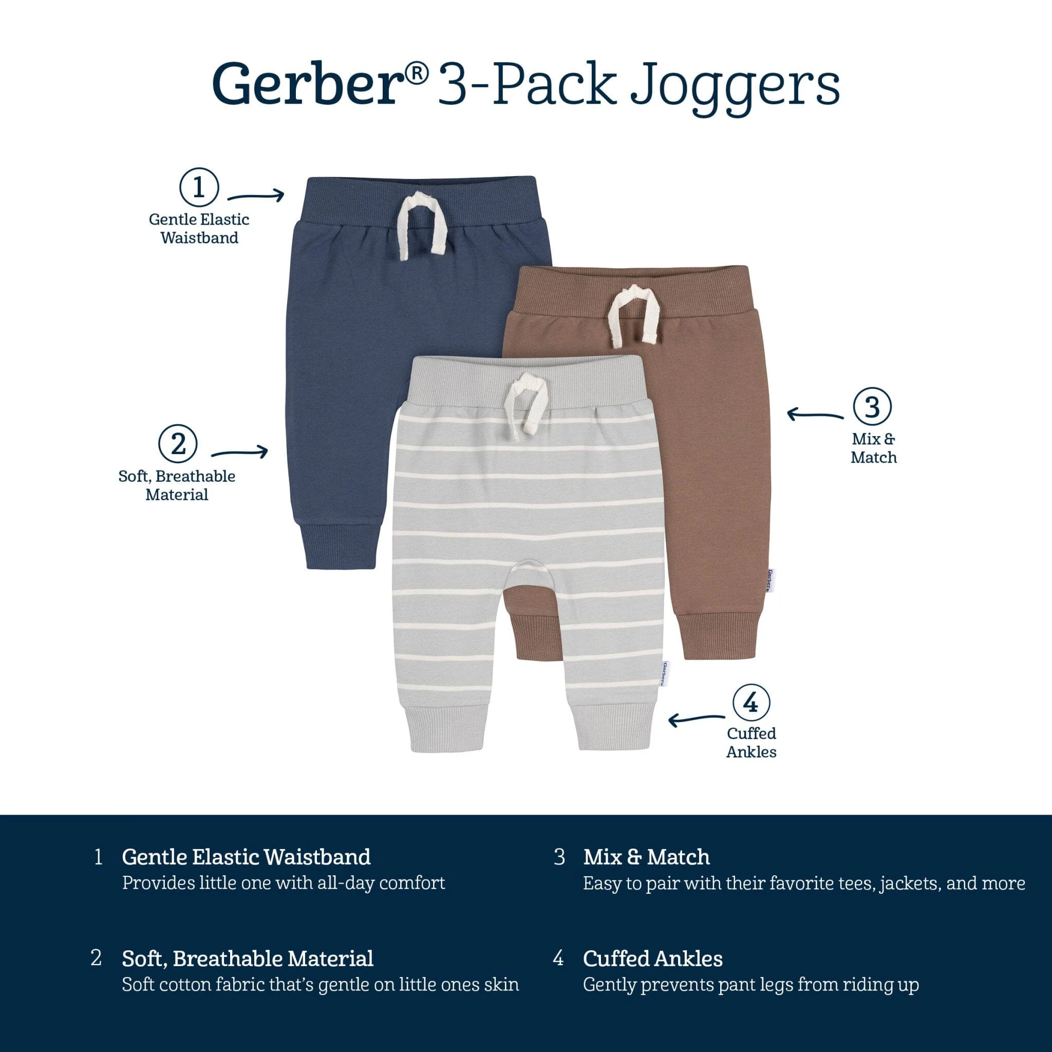3-Pack Baby & Toddler Boys Stripe, Navy, & Brown Jogger Pants - Image 8