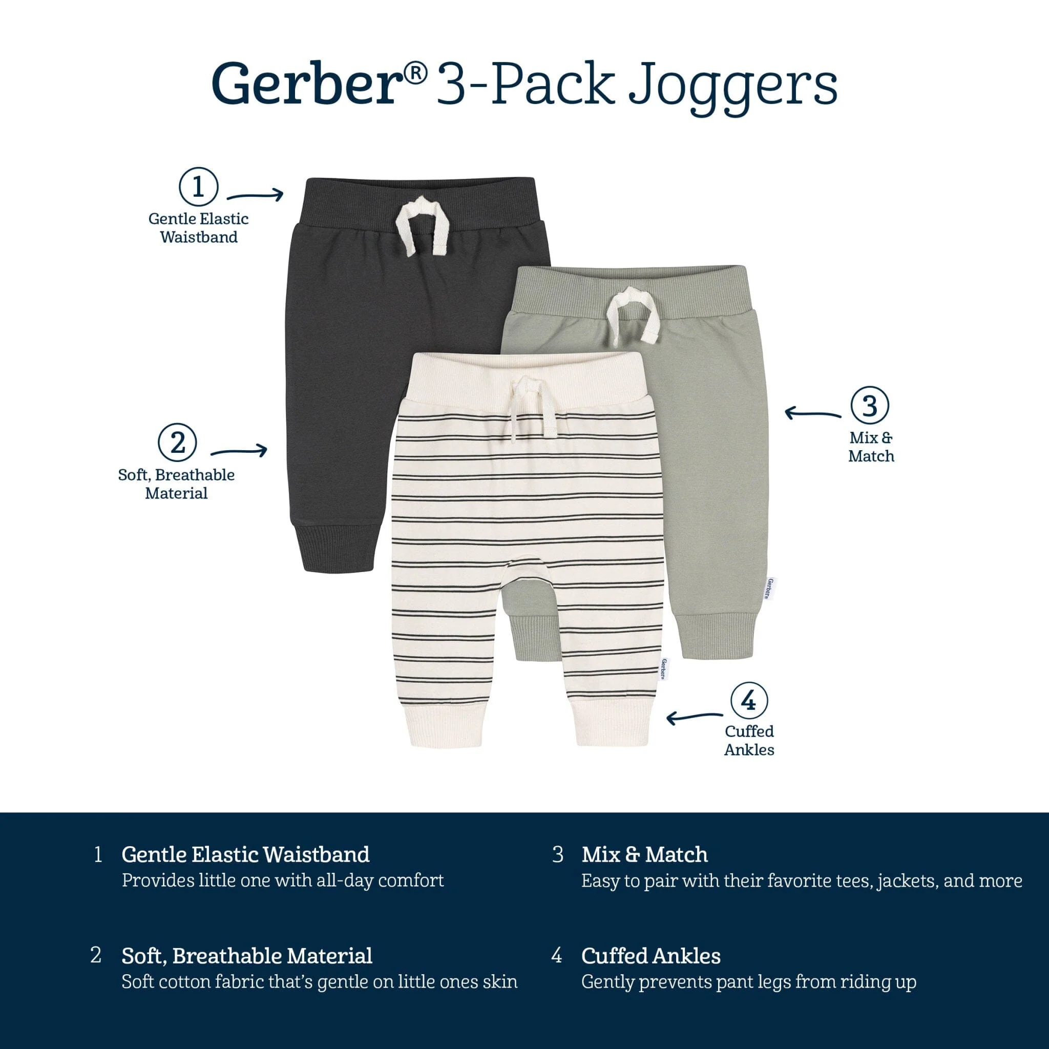 3-Pack Baby & Toddler Boys Stripe, Black, & Grey Jogger Pants - Image 12