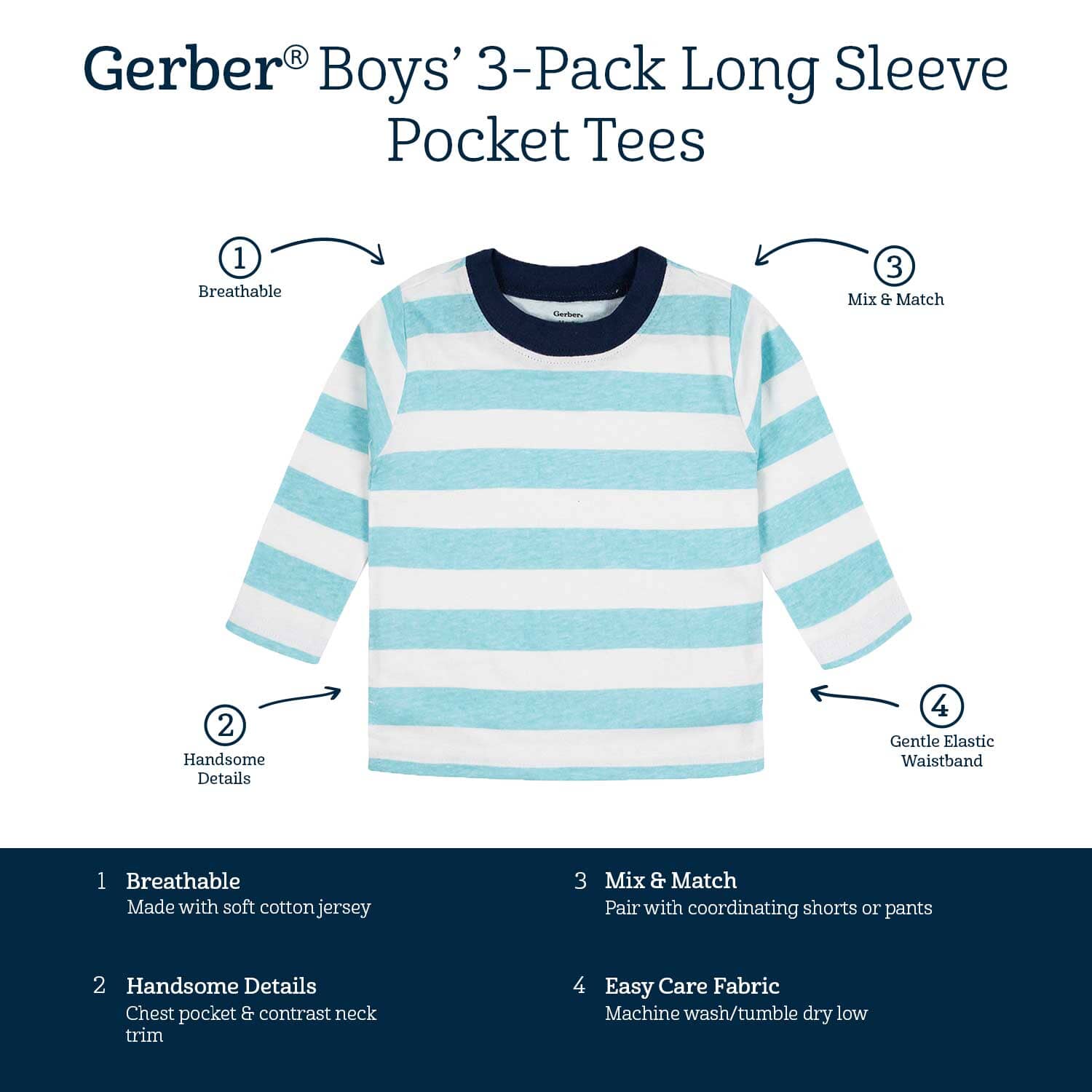 3-Pack Baby Boys Royal Blues Long Sleeve Pocket Tees, 0-3M - Image 10