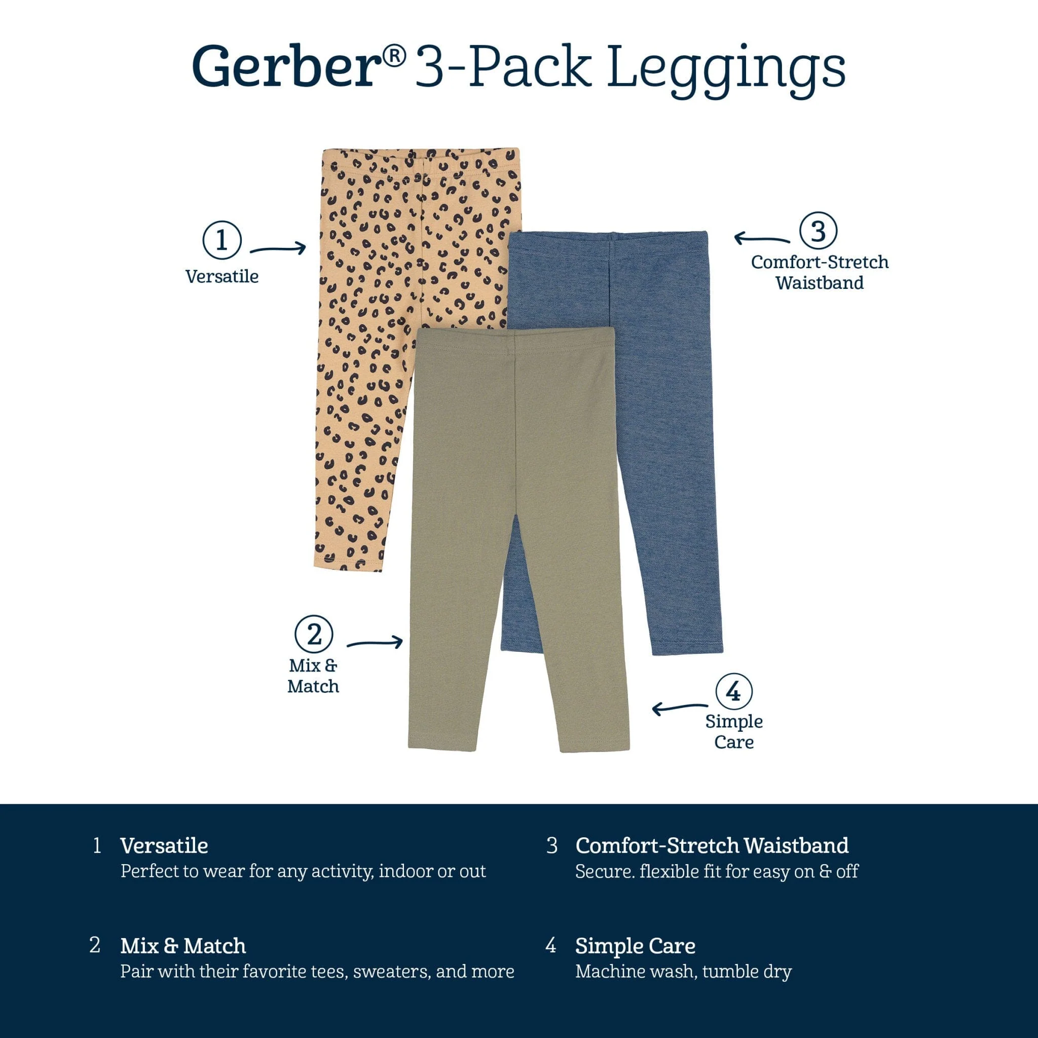 3-Pack Baby & Toddler Girls Green, Leopard Print and Blue Leggings - Image 5