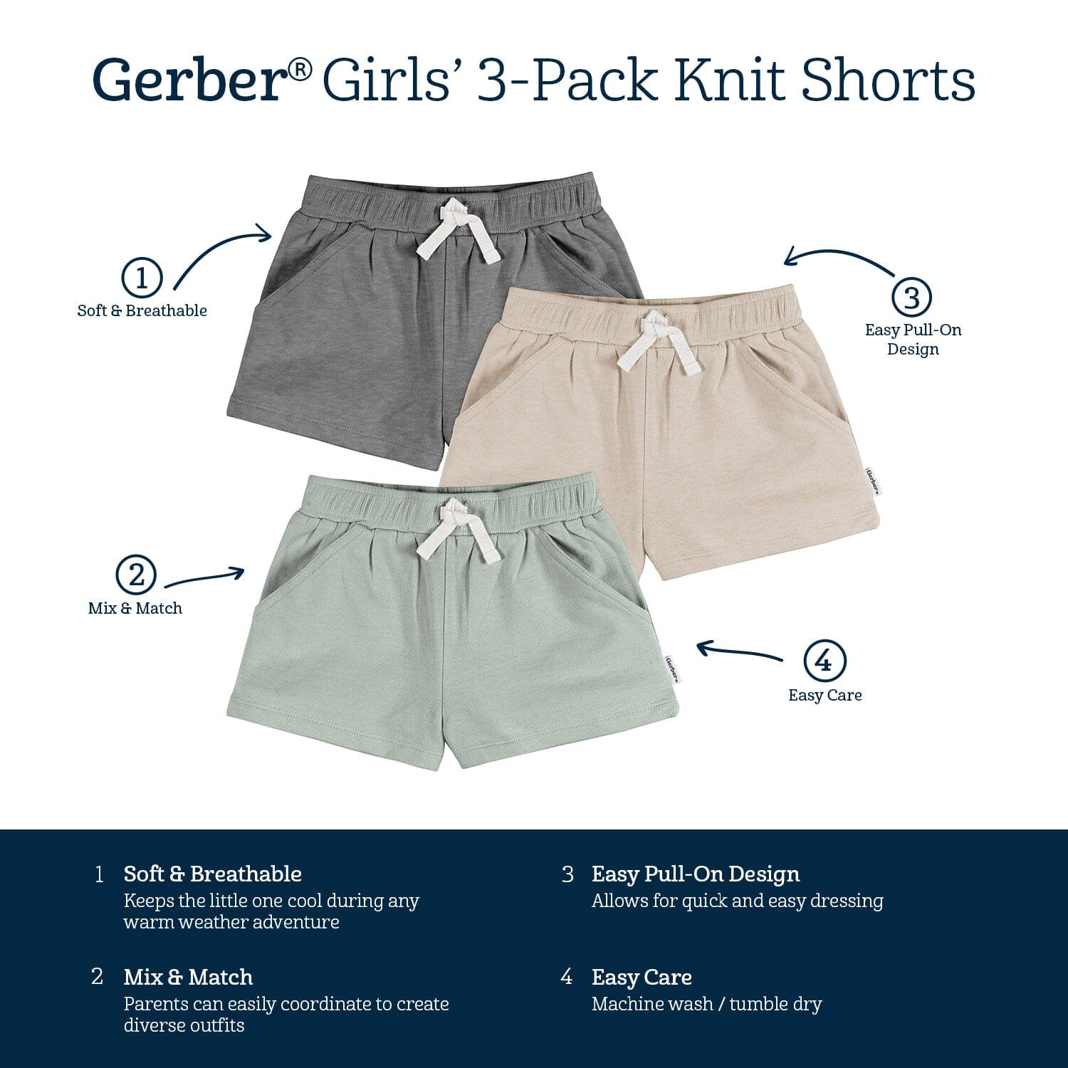 3-Pack Baby & Toddler Girls Dark Grey, Oatmeal, & Green Knit Shorts - Image 7