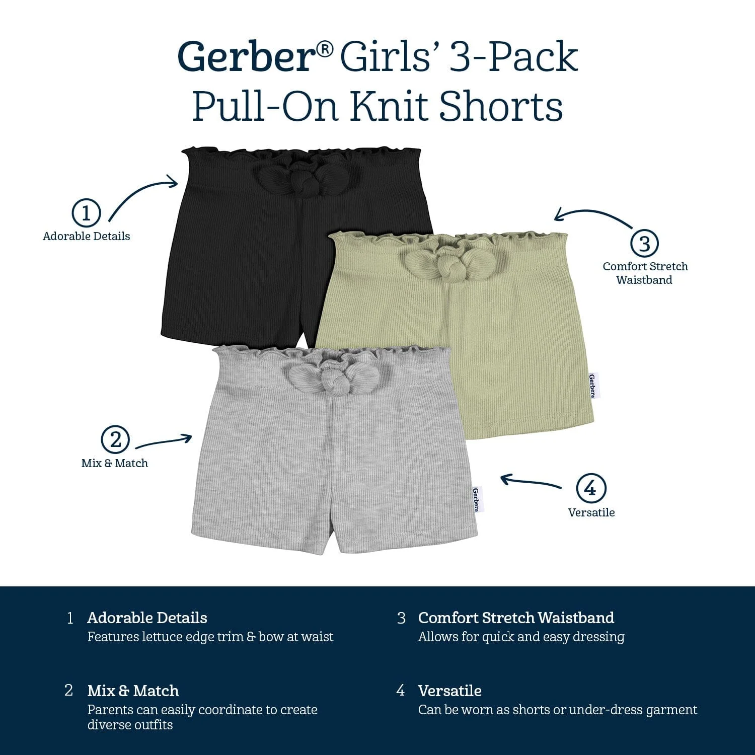 3-Pack Baby & Toddler Girls Black, Green, & Grey Heather Pull-On Knit Shorts - Image 6