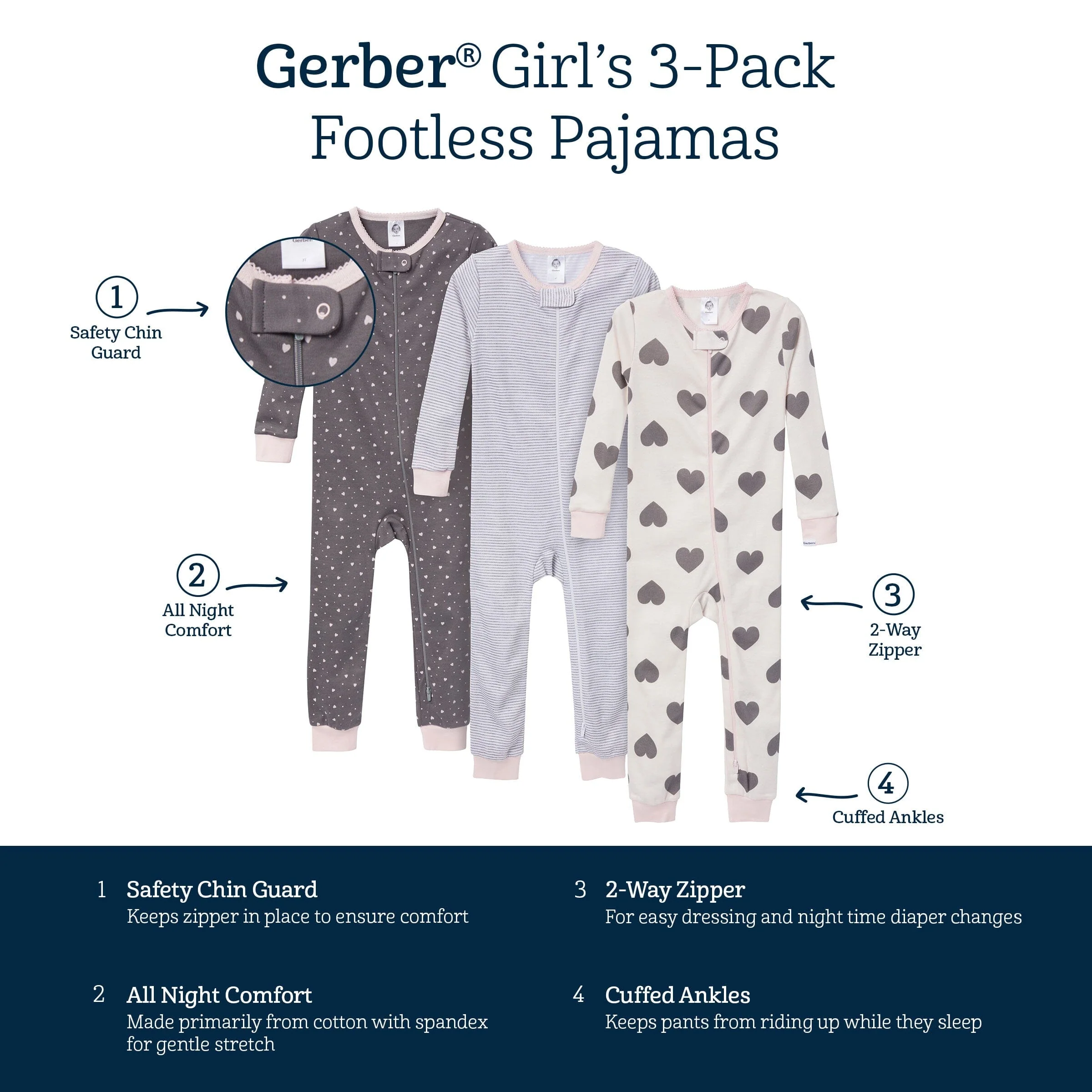 3-Pack Baby & Toddler Girls Hearts Snug Fit Footless Pajamas - Image 5