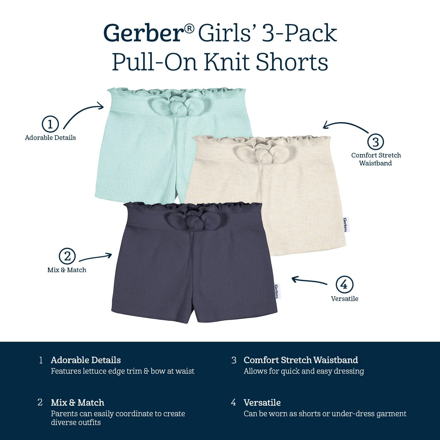3-Pack Baby & Toddler Girls Aqua, Oatmeal, & Navy Pull-On Knit Shorts - Image 6