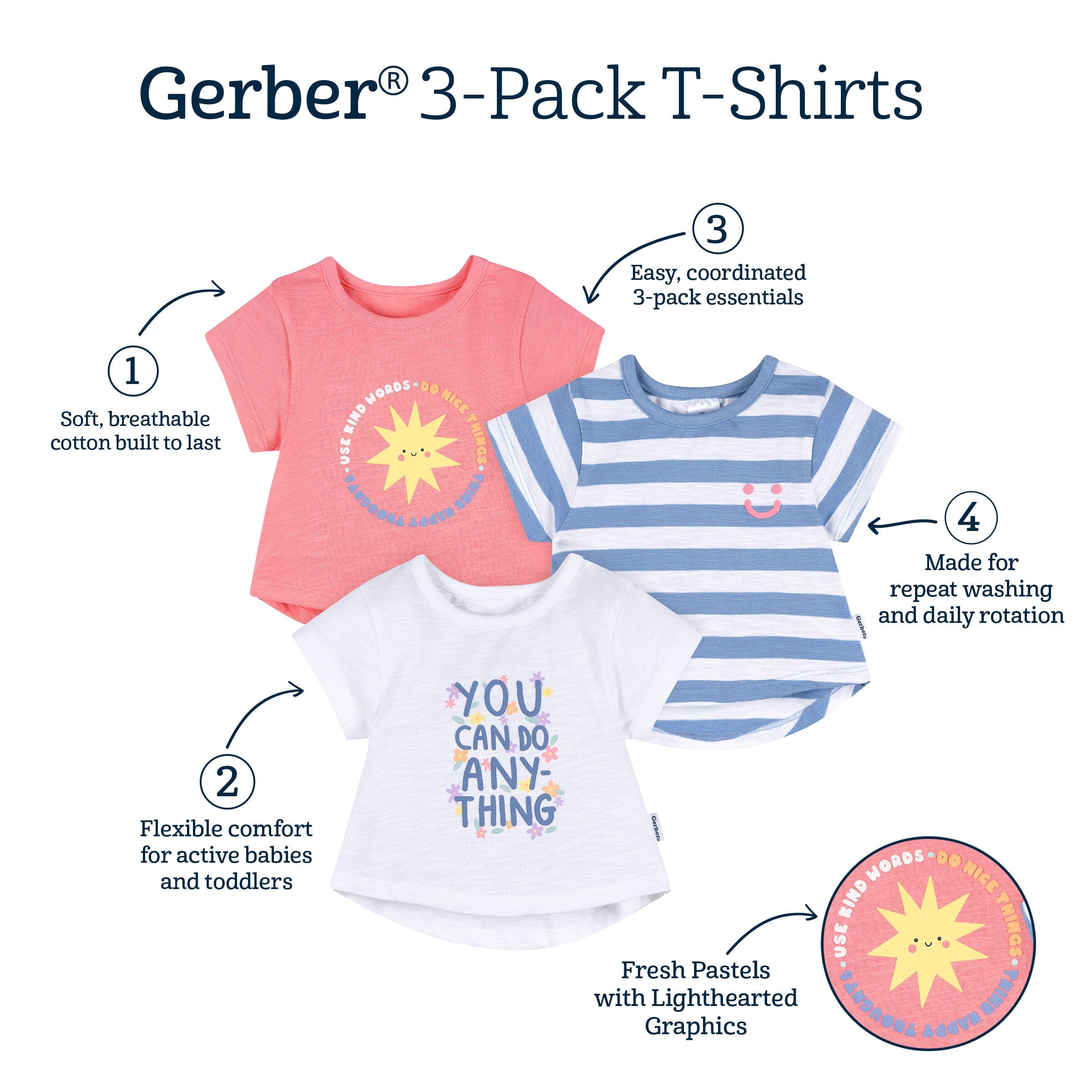 3-Pack Baby & Toddler Girls Sunshine Short Sleeve Graphic T-Shirts - Image 5