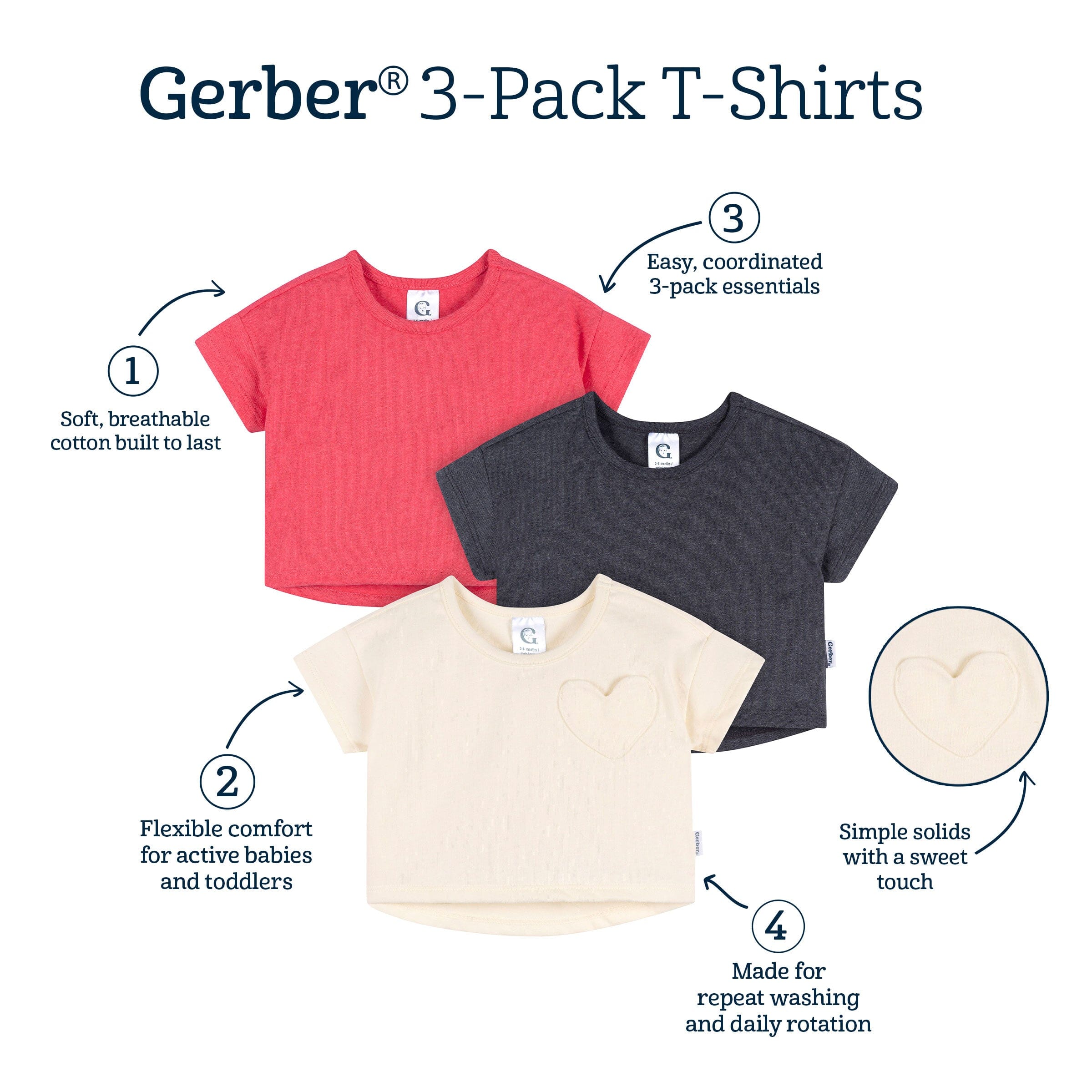 3-Pack Baby & Toddler Girls Ivory, Black, and Pink Short Sleeve Shirts - Image 6