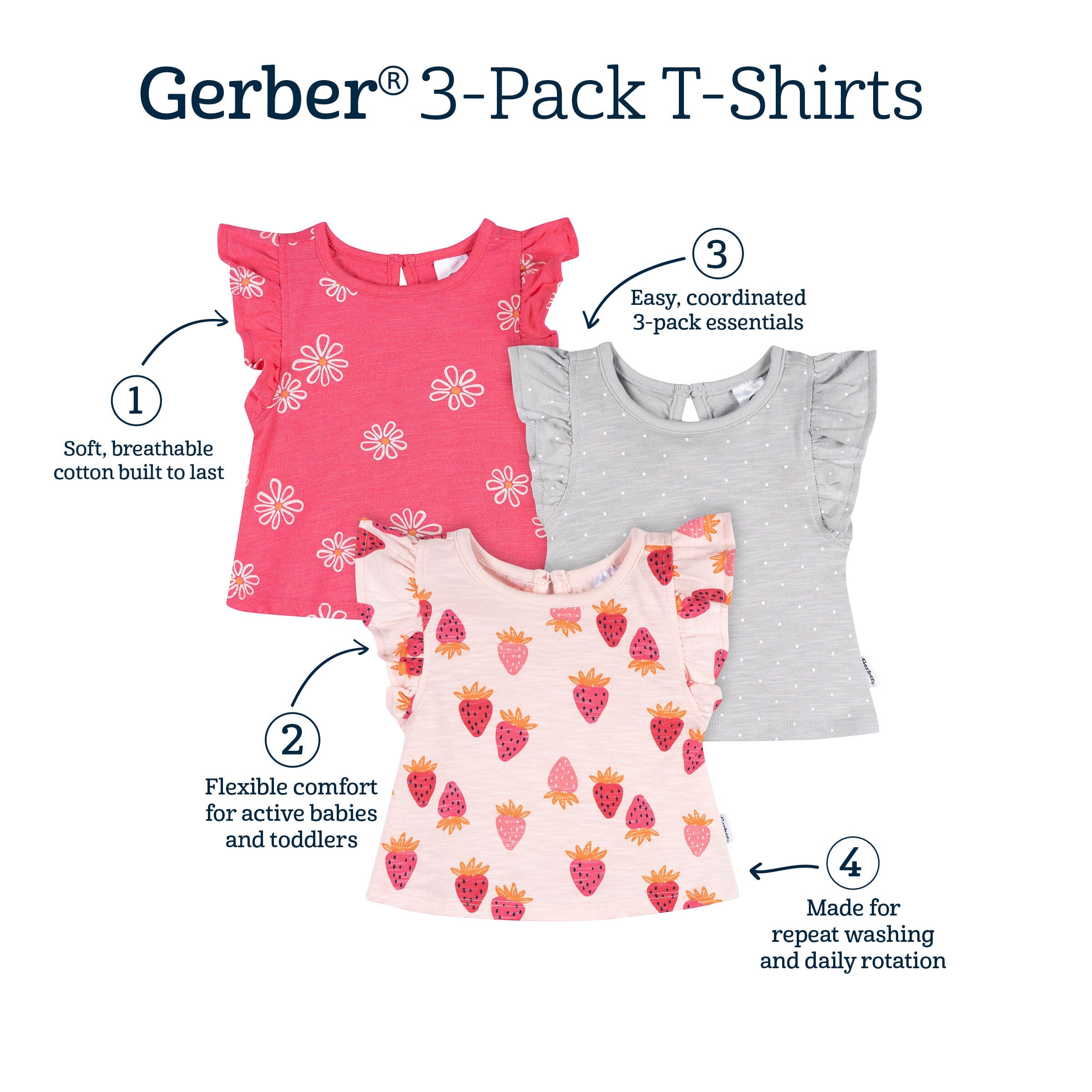 3-Pack Baby & Toddler Girls Pink Strawberries Short Sleeve Shirts - Image 6