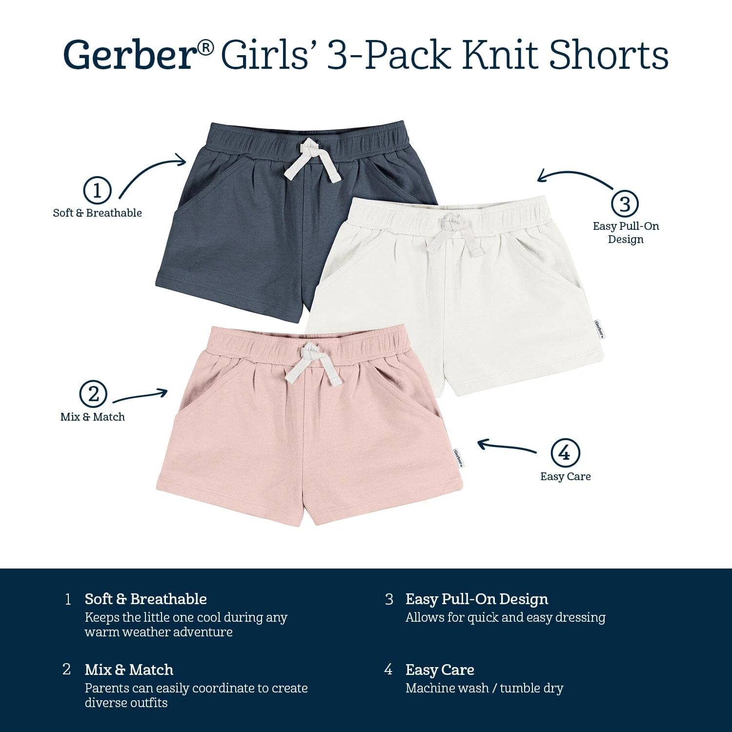 3-Pack Baby & Toddler Girls Navy, White, & Pink Knit Shorts - Image 7