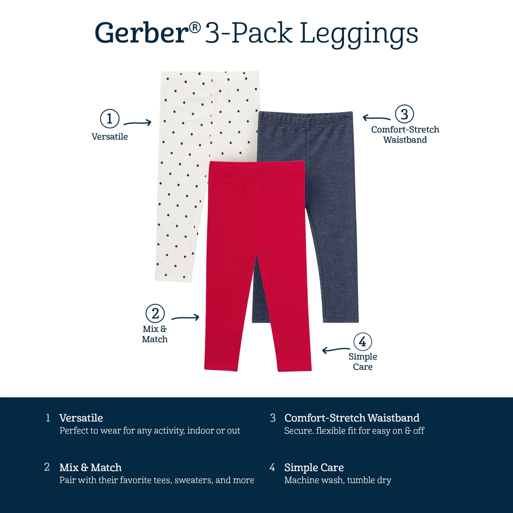 3-Pack Baby & Toddler Girls Red, Blue and Polka Dot Leggings - Image 5