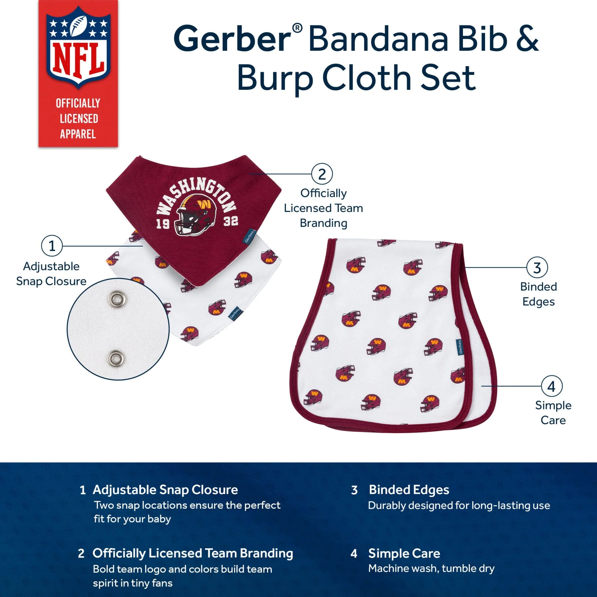 3-Piece Baby Washington Commanders Bibs and Burp Cloth Set - Image 5
