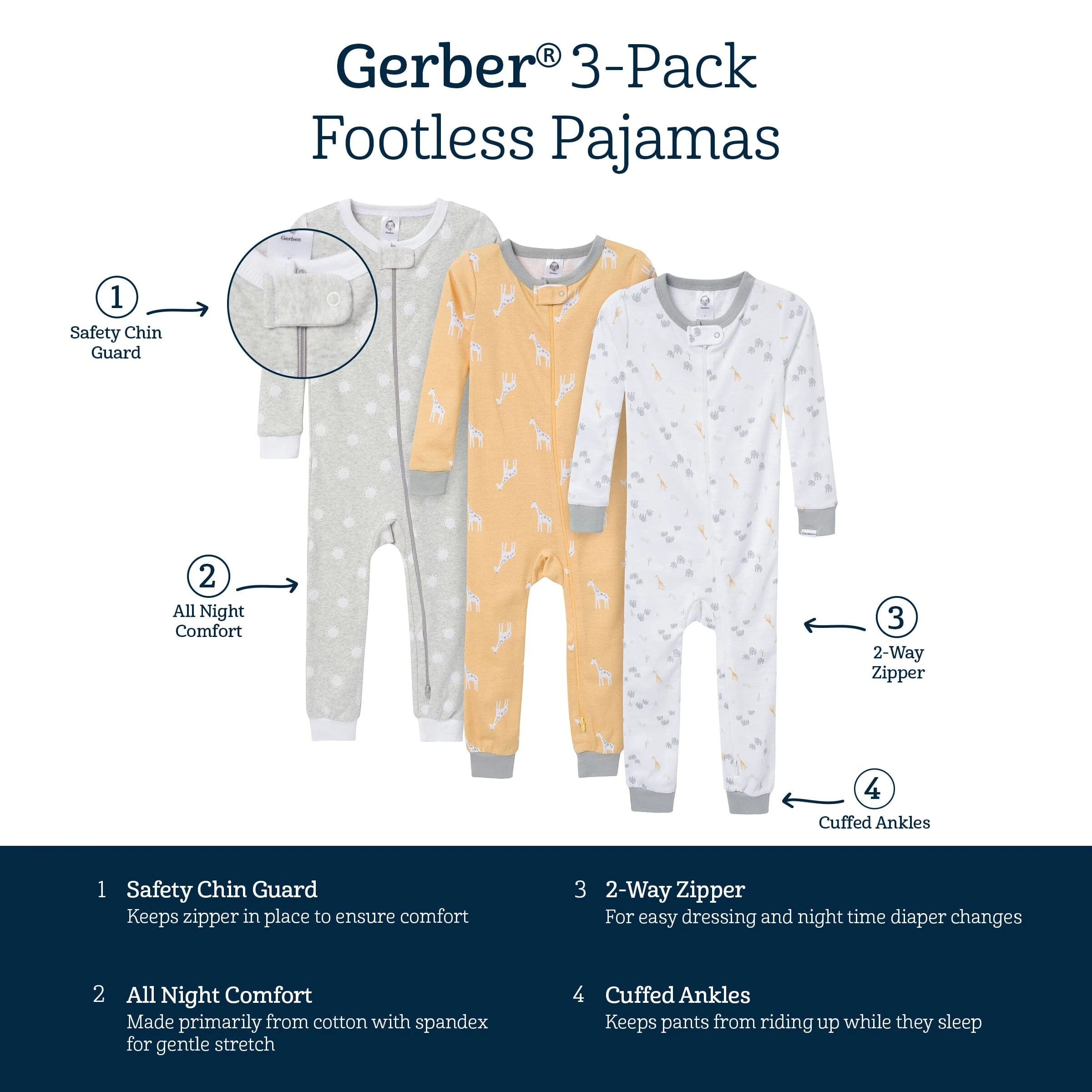 3-Pack Baby & Toddler Neutral Safari Snug Fit Footless Pajamas - Image 8
