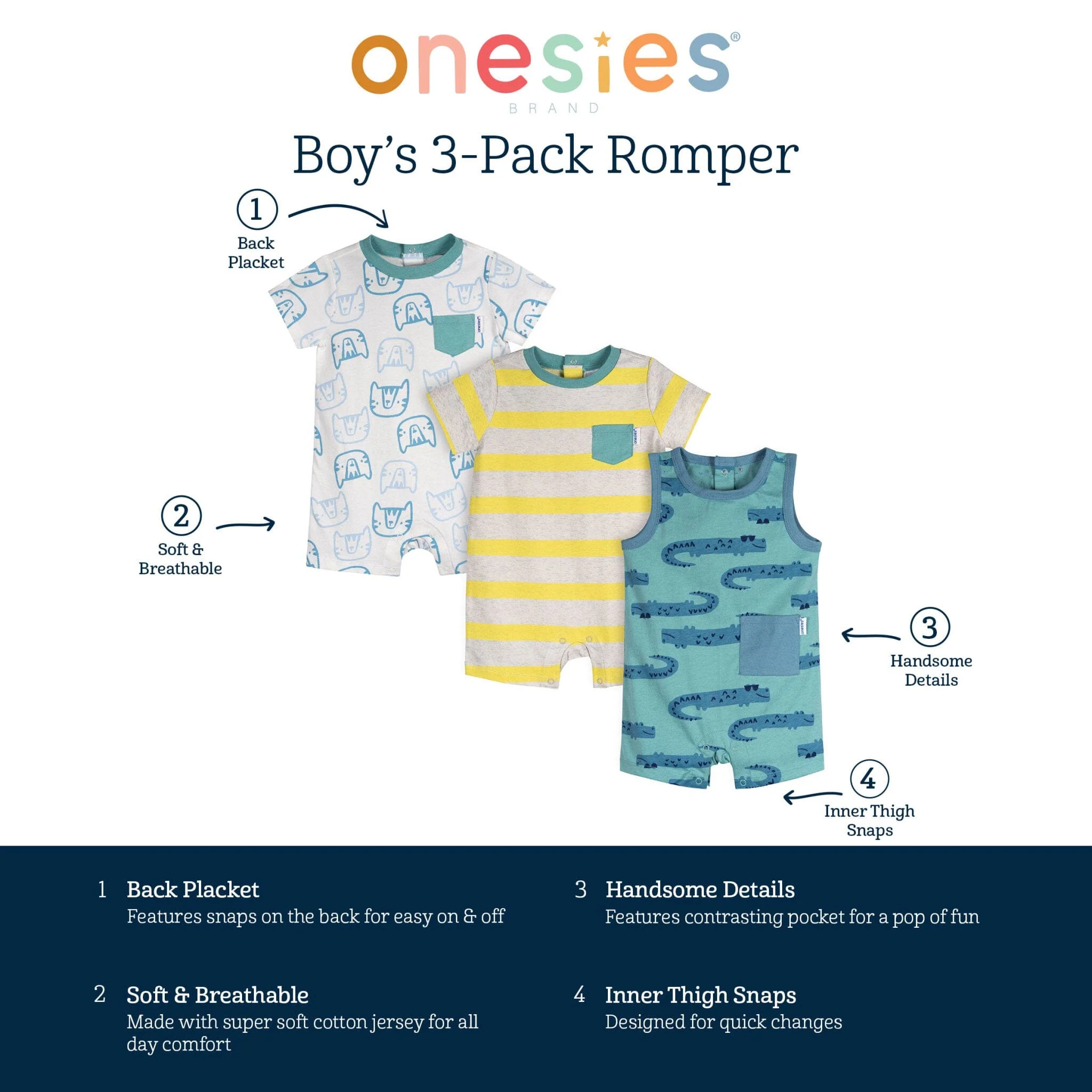 3-Pack Baby Boys Critters Rompers - Image 8