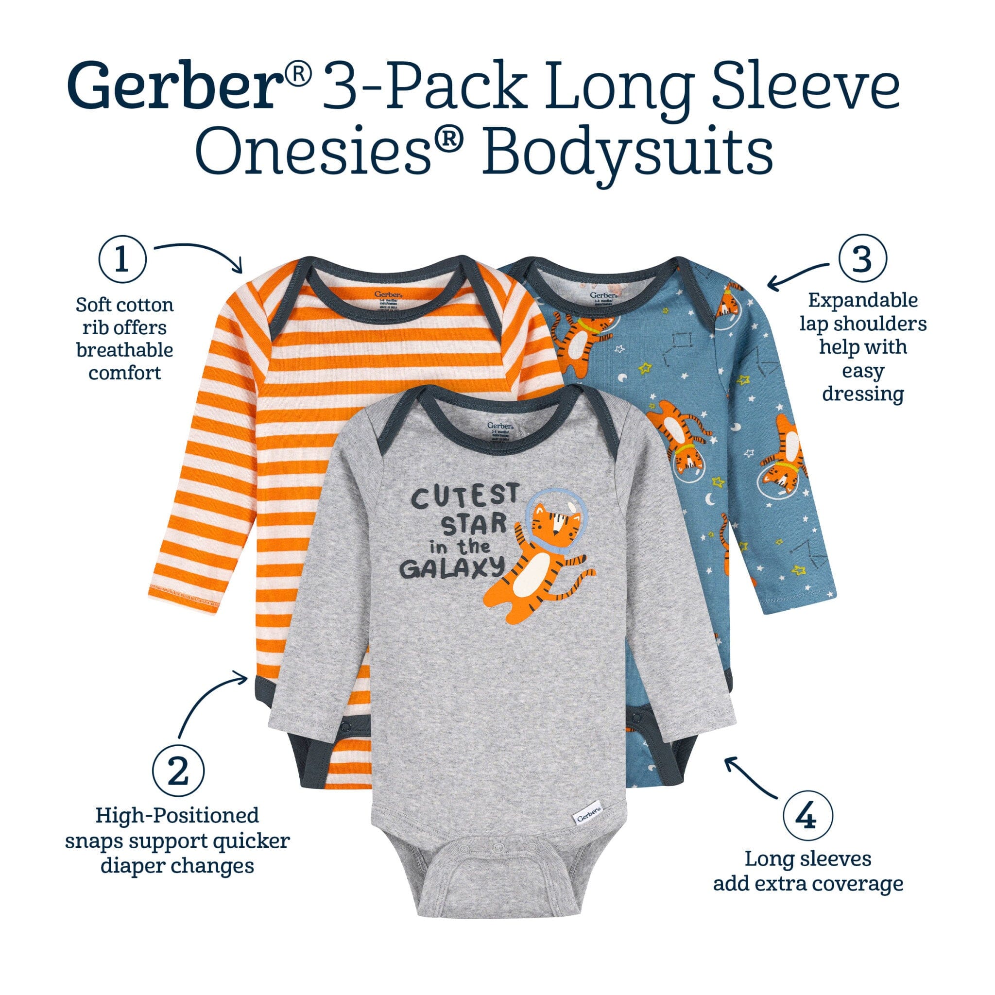 3-Pack Baby Boys Cutest Star Long Sleeve Onesies® Bodysuits - Image 8