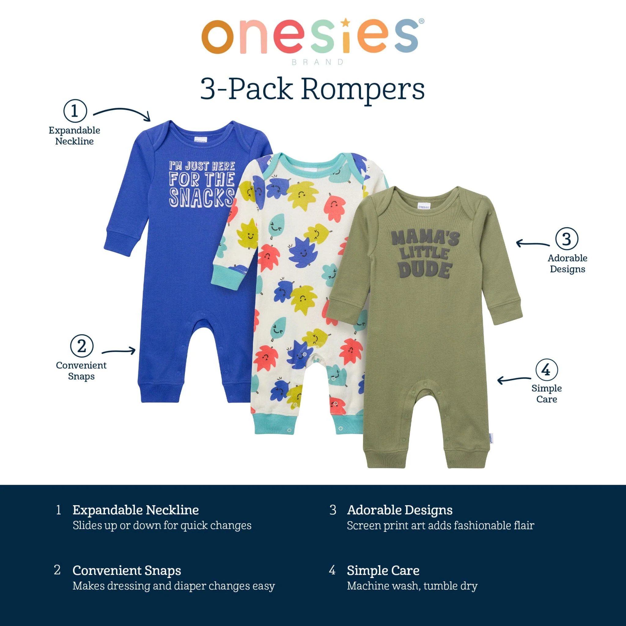 3-Pack Baby Boys Little Dude Lap Shoulder Rompers - Image 5