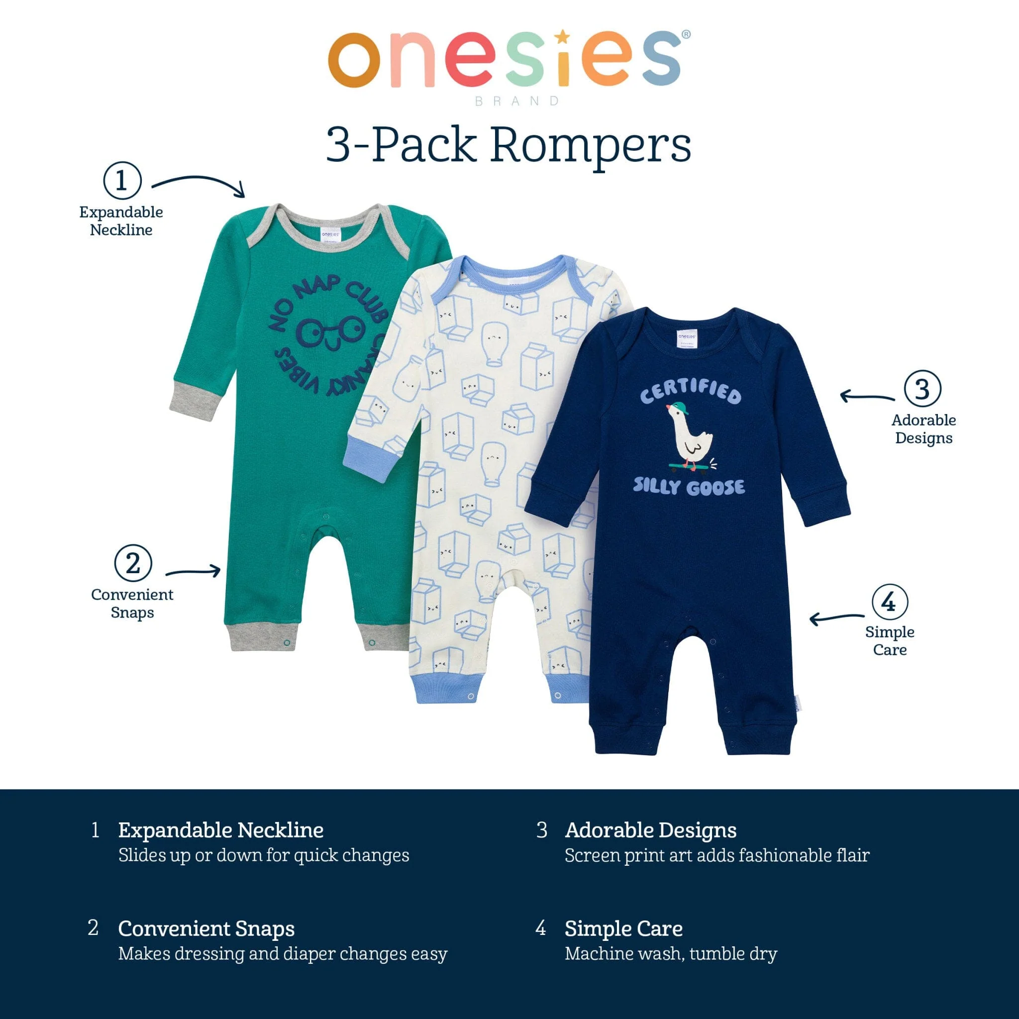 3-Pack Baby Boys Silly Goose Lap Shoulder Rompers - Image 7