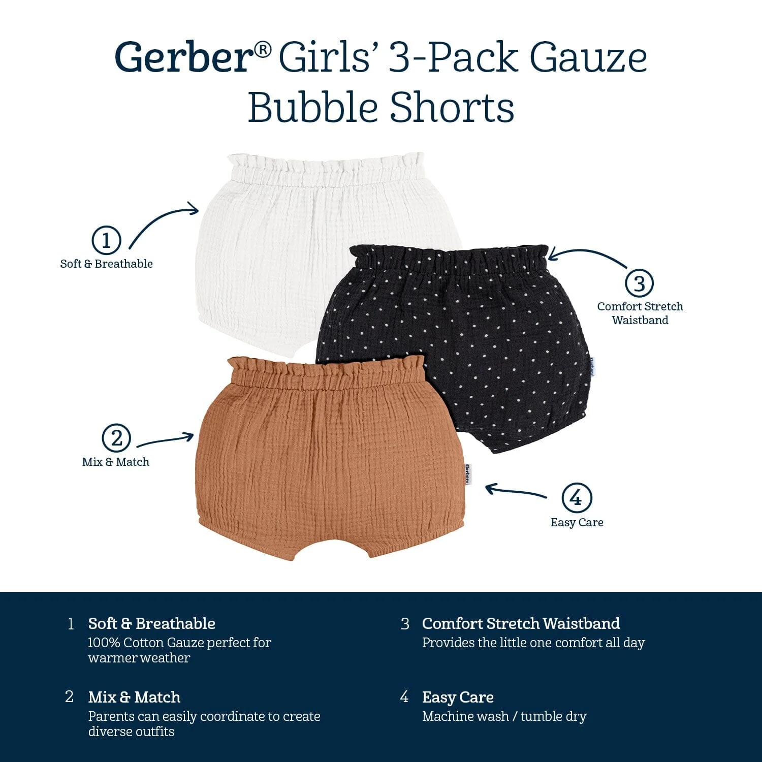 3-Pack Baby Girls White, Black Dot, & Brown Gauze Bubble Shorts - Image 8