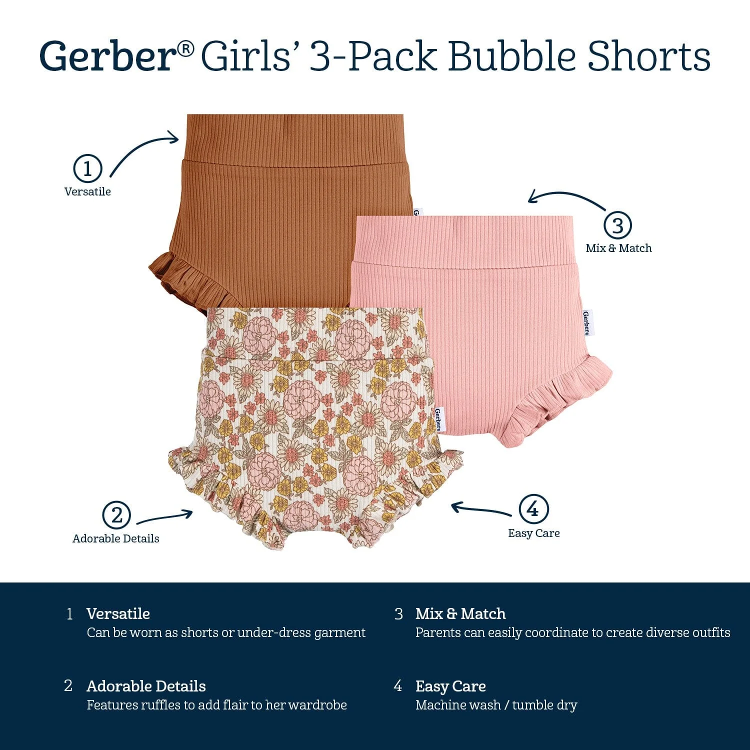 3-Pack Baby Girls Brown, Pink, & Garden Floral Bloomer Shorts - Image 7