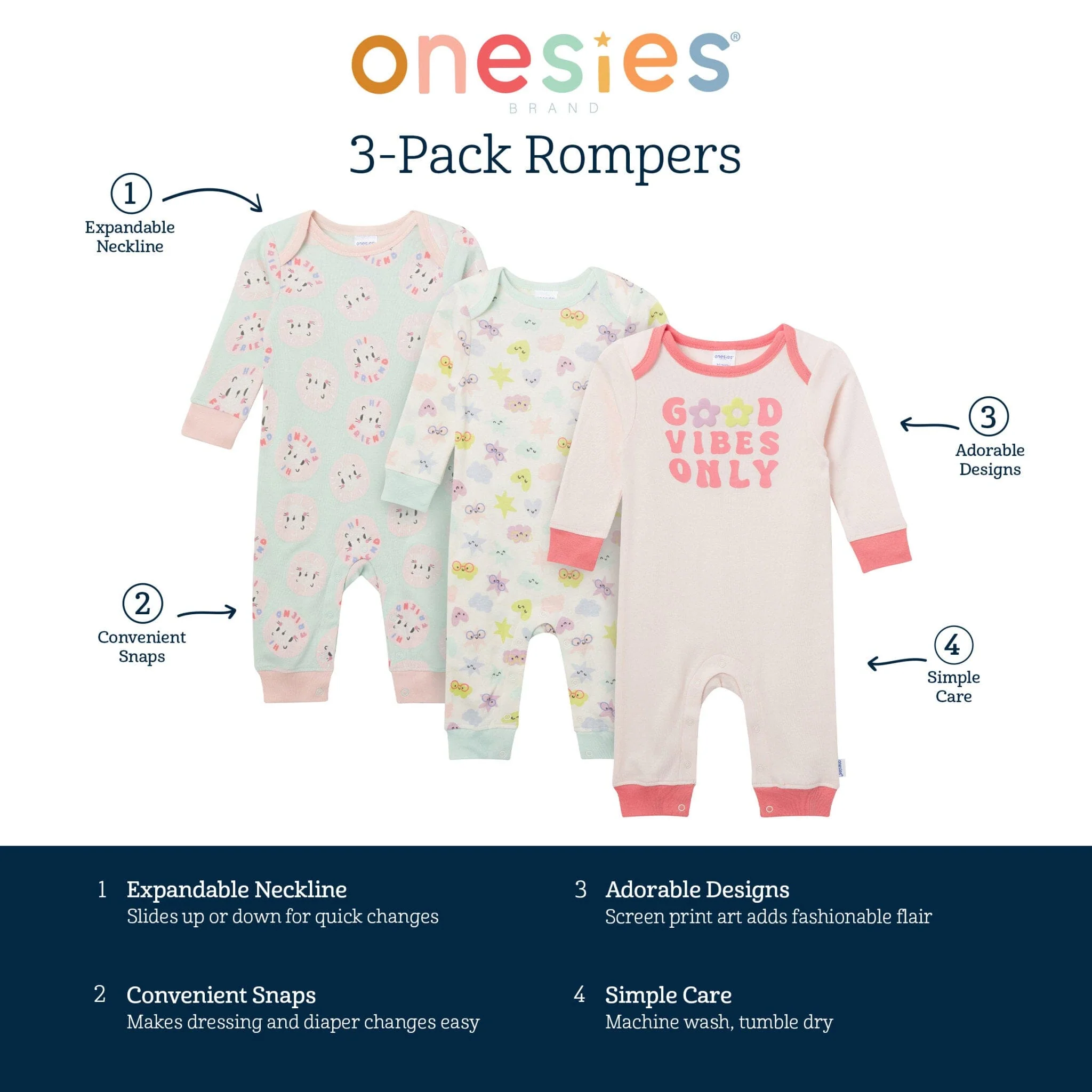 3-Pack Baby Girls Good Vibes Lap Shoulder Rompers - Image 5