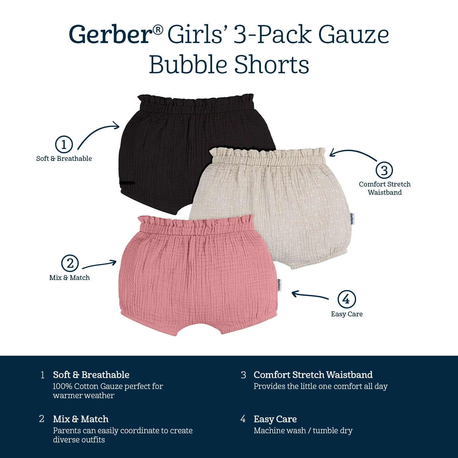3-Pack Baby Girls Black, Tan Dot & Pink Gauze Bubble Shorts - Image 6