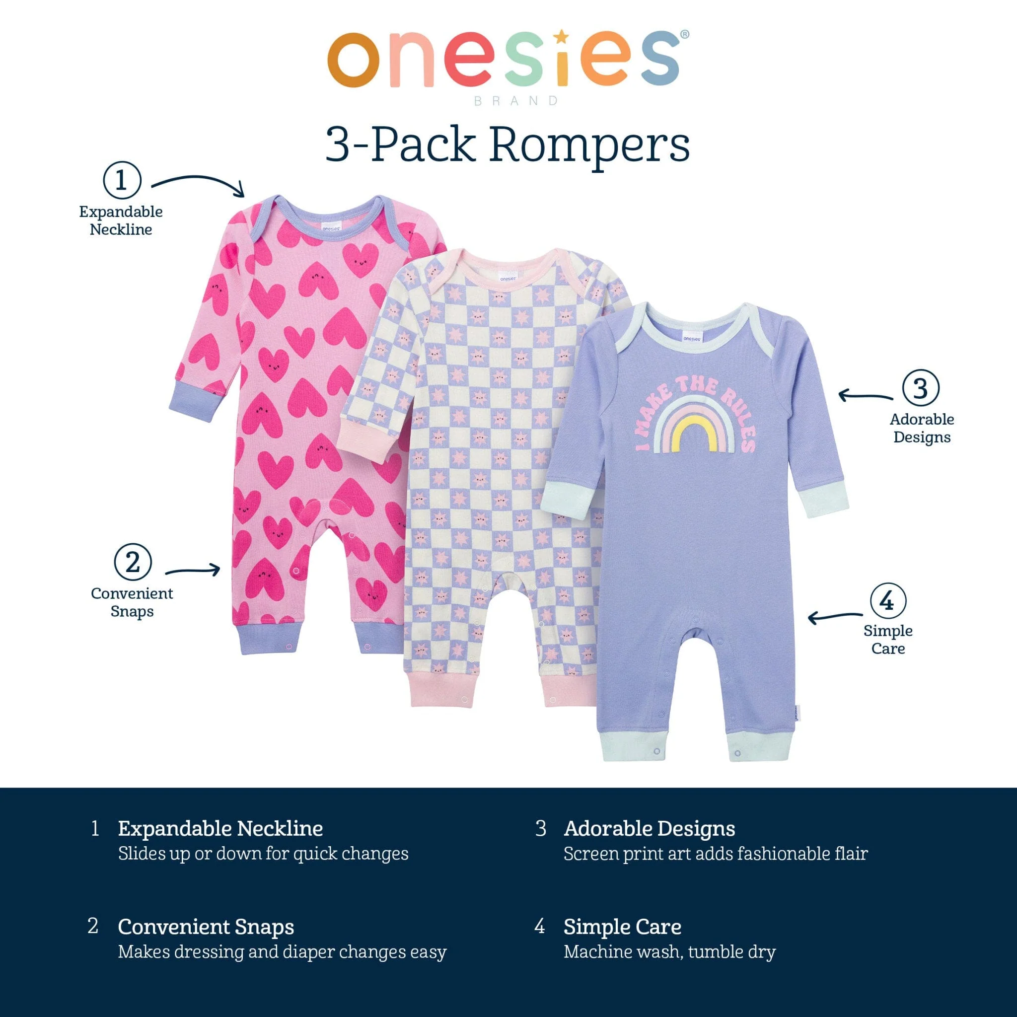 3-Pack Baby Girls Rainbows and Hearts Lap Shoulder Rompers - Image 7