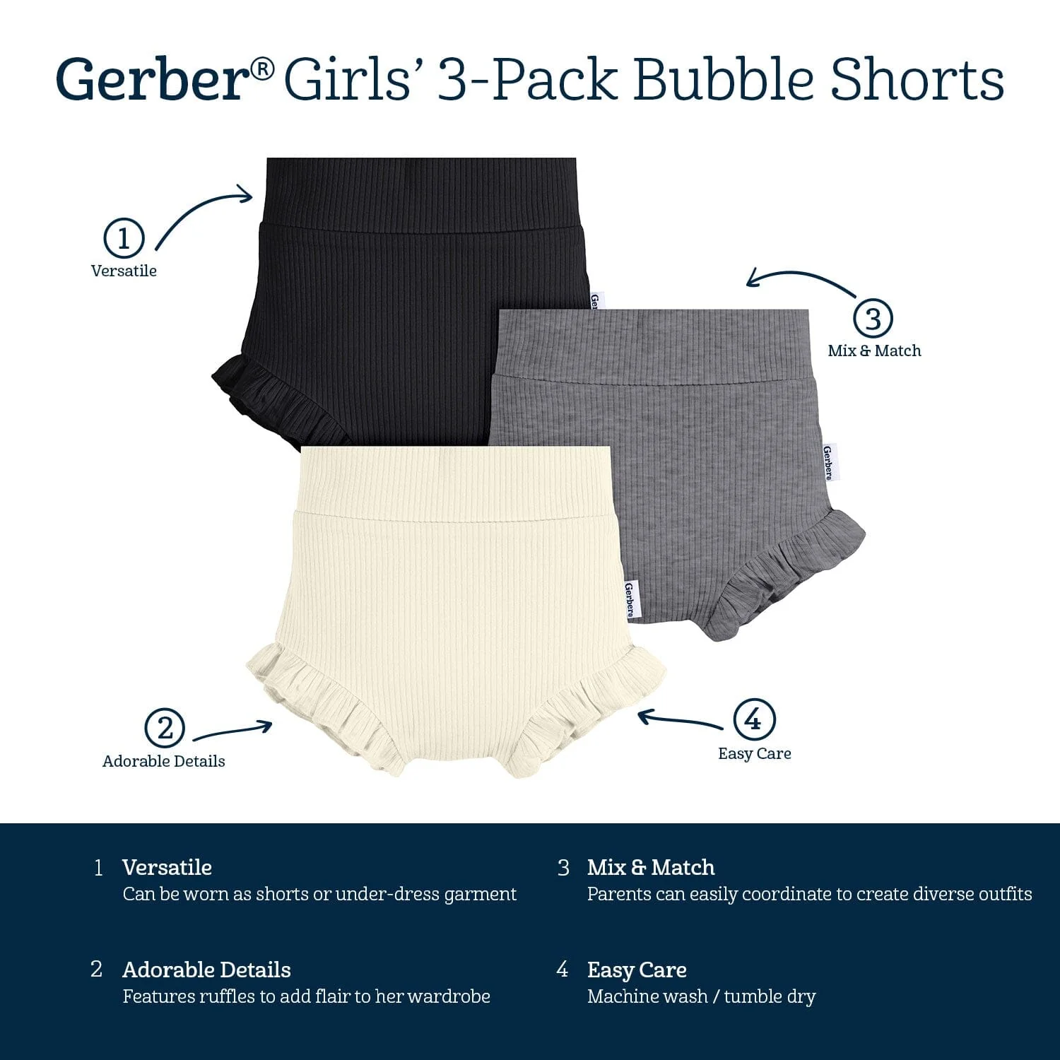 3-Pack Baby Girls Black, Grey Heather, & Ivory Bloomer Shorts - Image 6