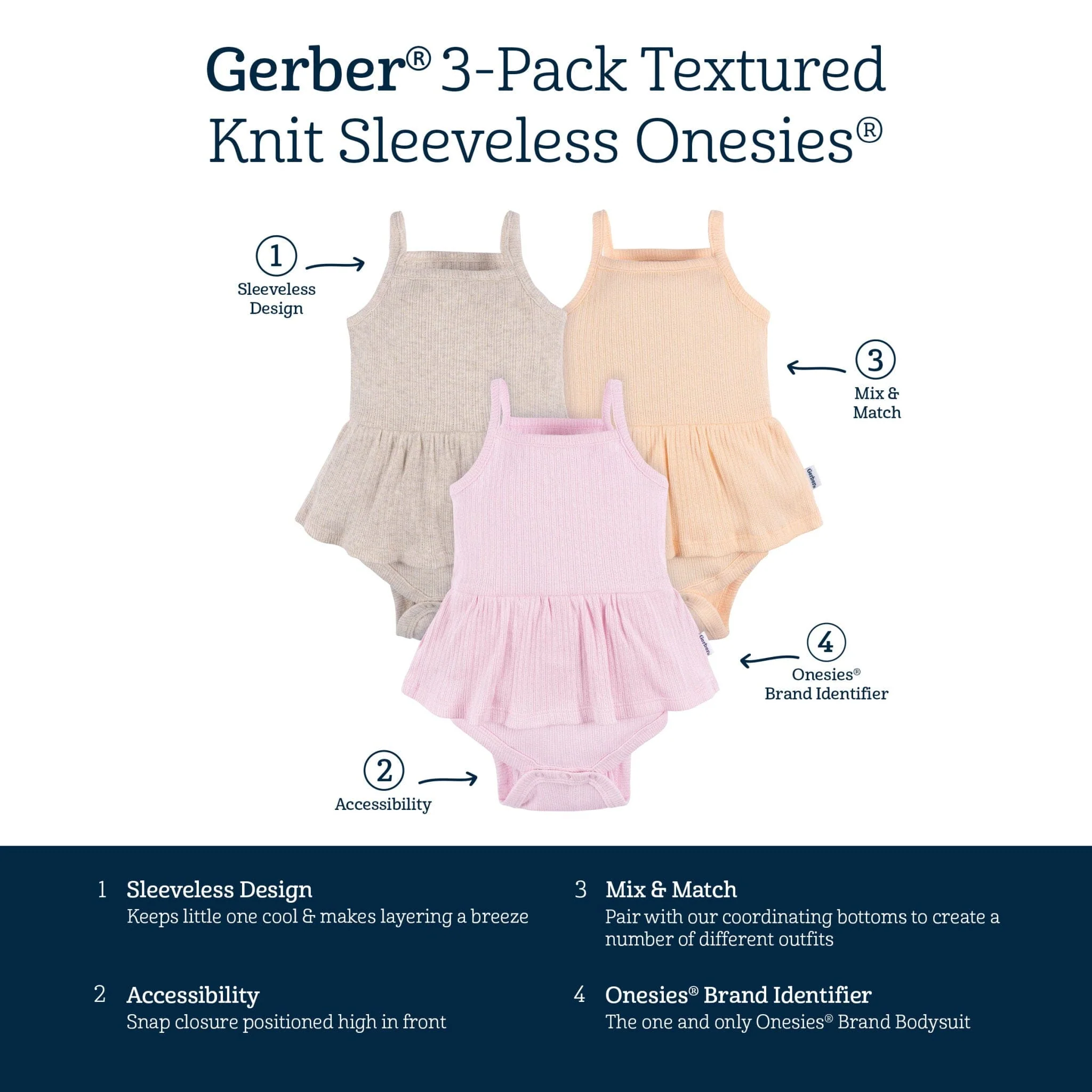 3-Pack Baby Girls Purple, Oatmeal, & Peach Sleeveless Skirted Onesies® Bodysuits - Image 8